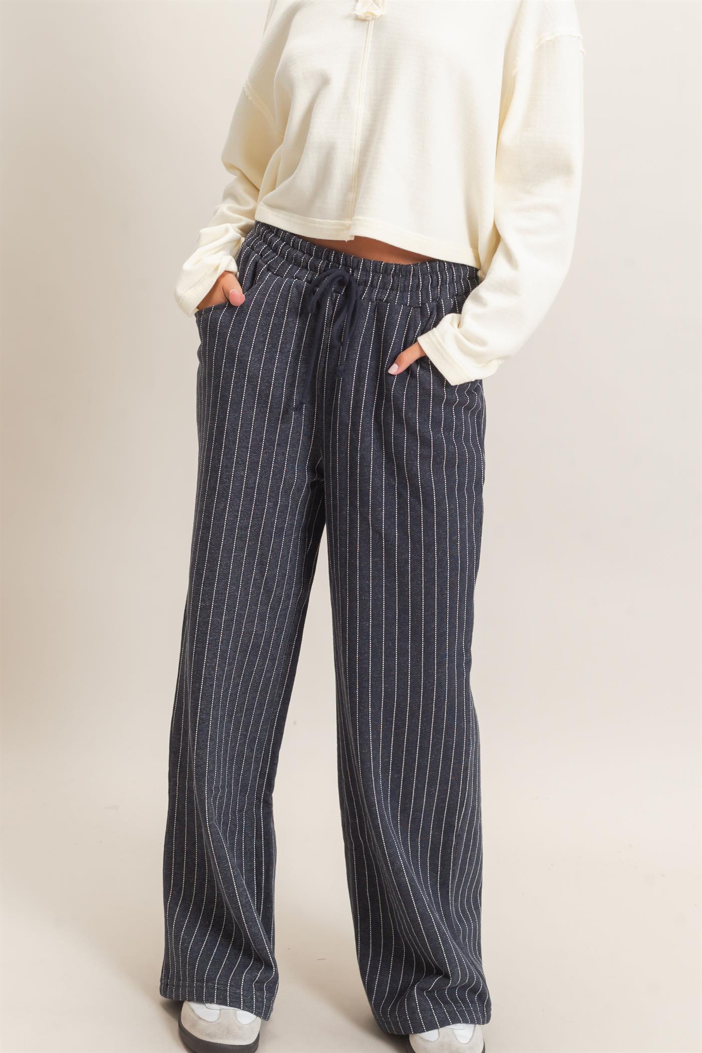 Wholesale Pinstripe Elastic Waist Sweatpants Pants DZ26A813 NAVY DOUBLE ZERO