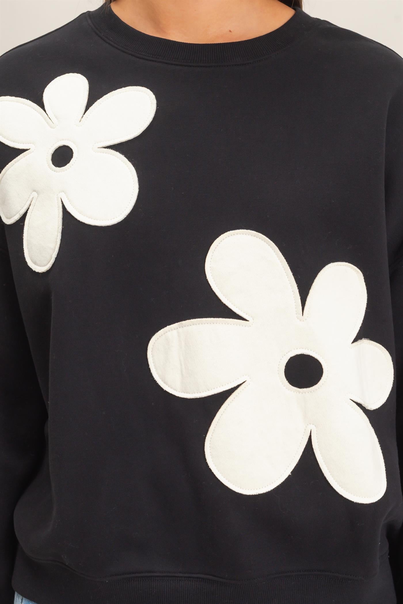 Wholesale Floral Applique Crew Neck Sweatshirt Sweatshirts DZ26E708 BLACK DOUBLE ZERO