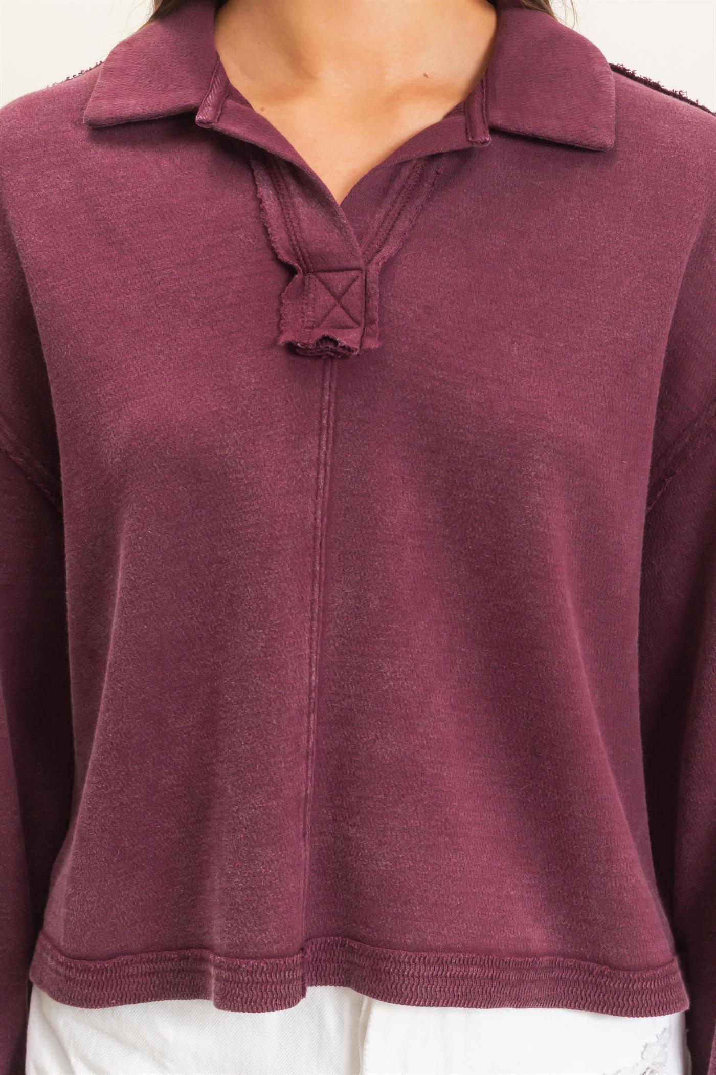 Wholesale Mineral Wash Textured Collar Top Polos DZ26E814 DARK CHERRY DOUBLE ZERO