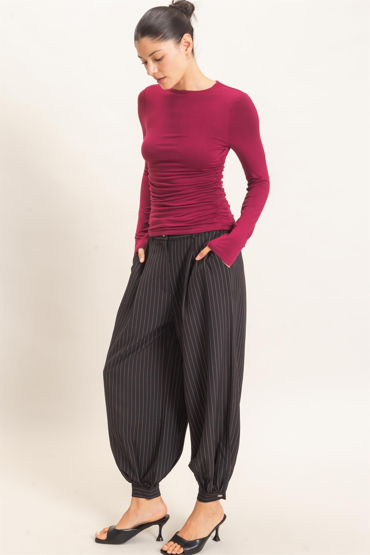 Wholesale Ruched Long Sleeve Top Clothing Tops HF26E776 BURGUNDY HYFVE