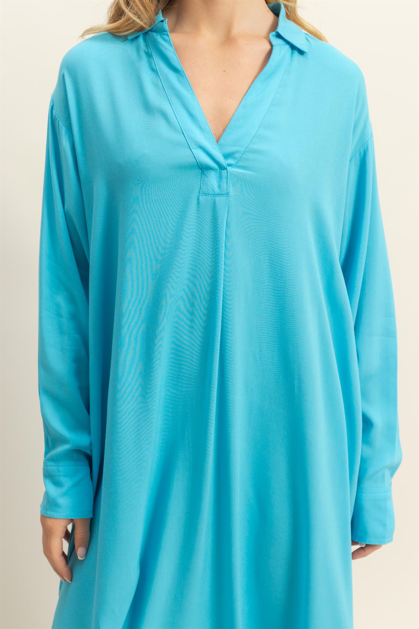Wholesale V-Neck Long Sleeved Midi Shirts Dress Dresses DZ24E706 AQUA BLUE DOUBLE ZERO