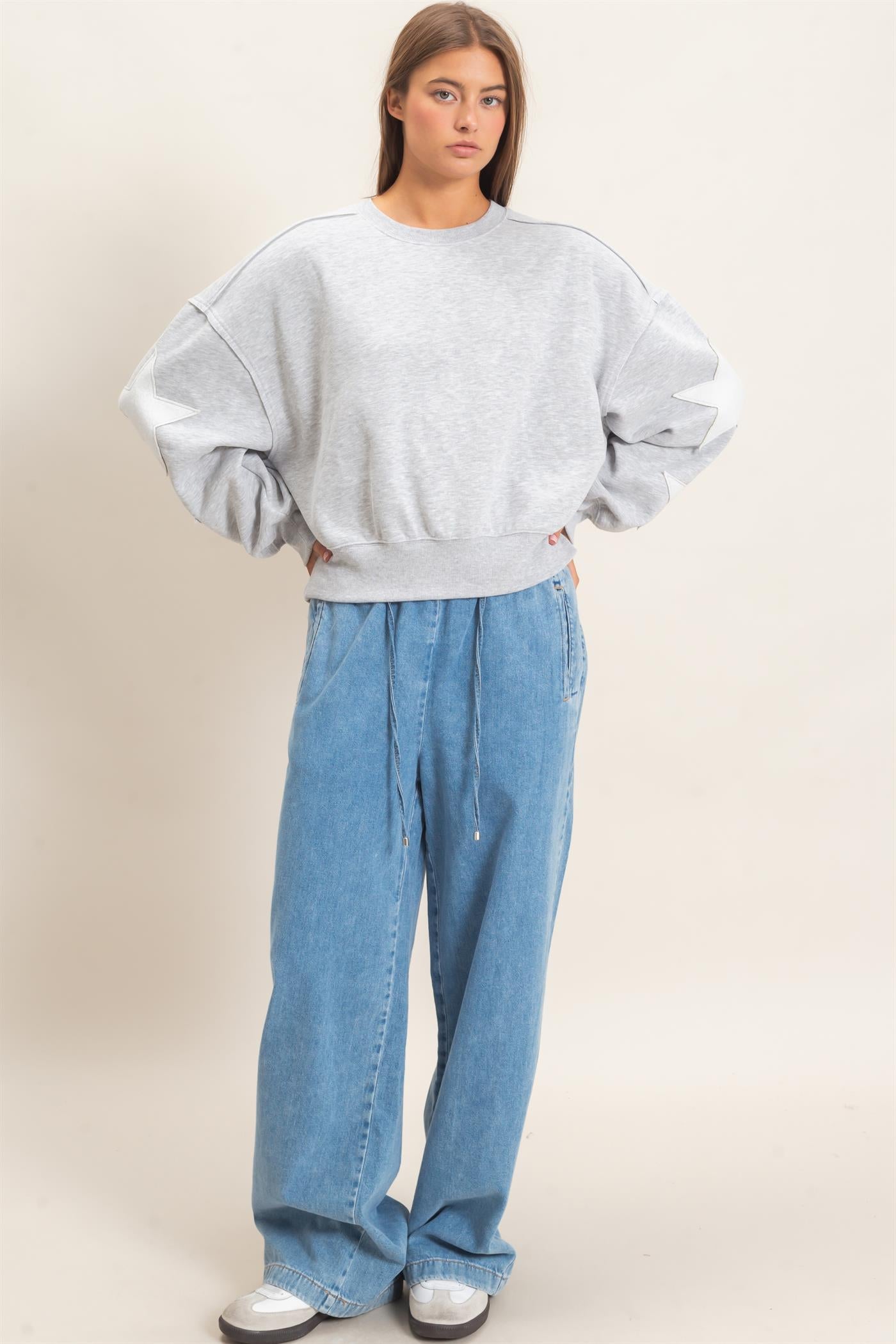 Wholesale Star Patch Sleeve Sweatshirt Sweatshirts DZ26E888 HEATHER GRAY DOUBLE ZERO