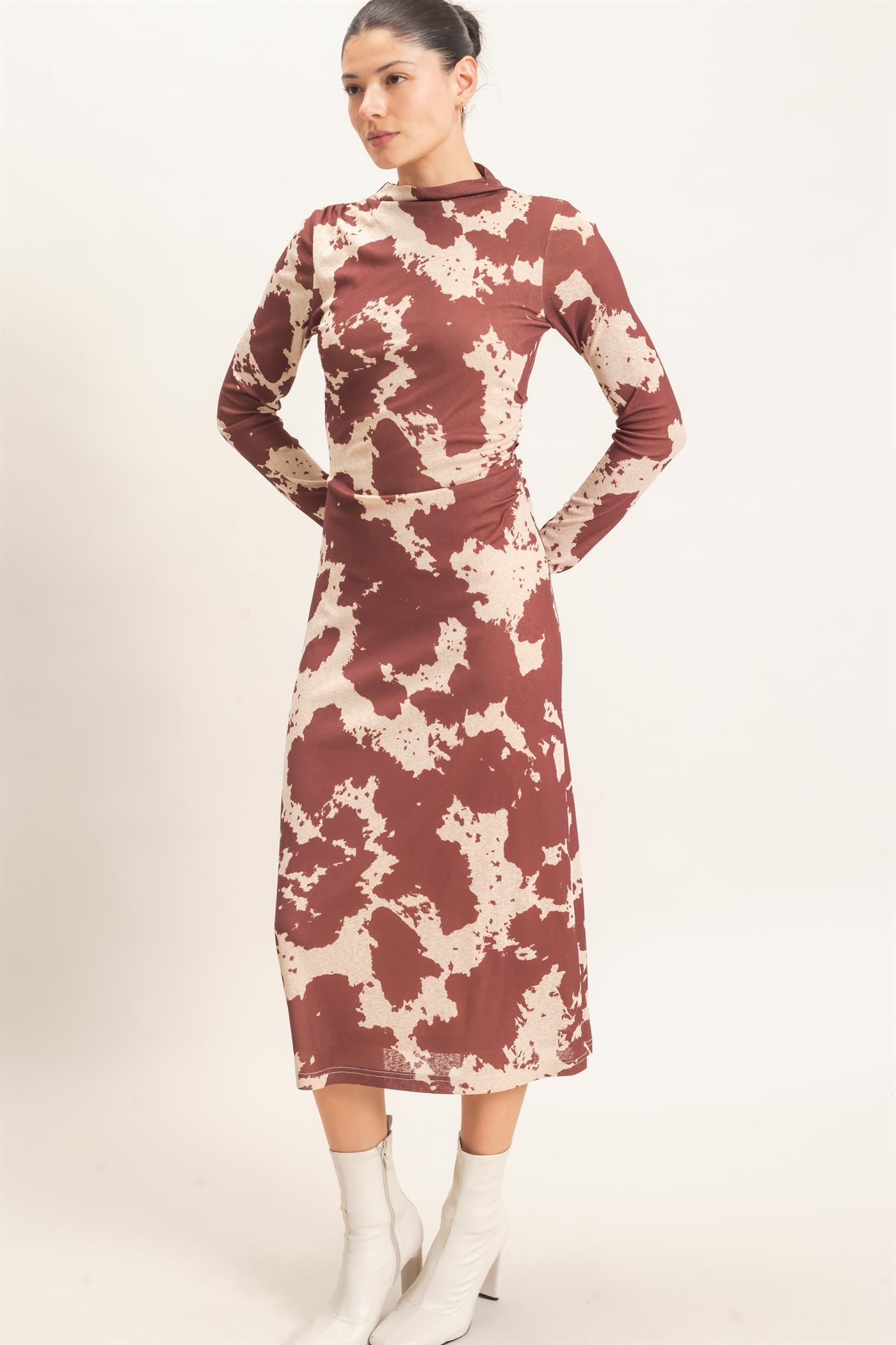 Wholesale Cow Print Knit Midi Dress Dresses HF26E780 BROWN HYFVE