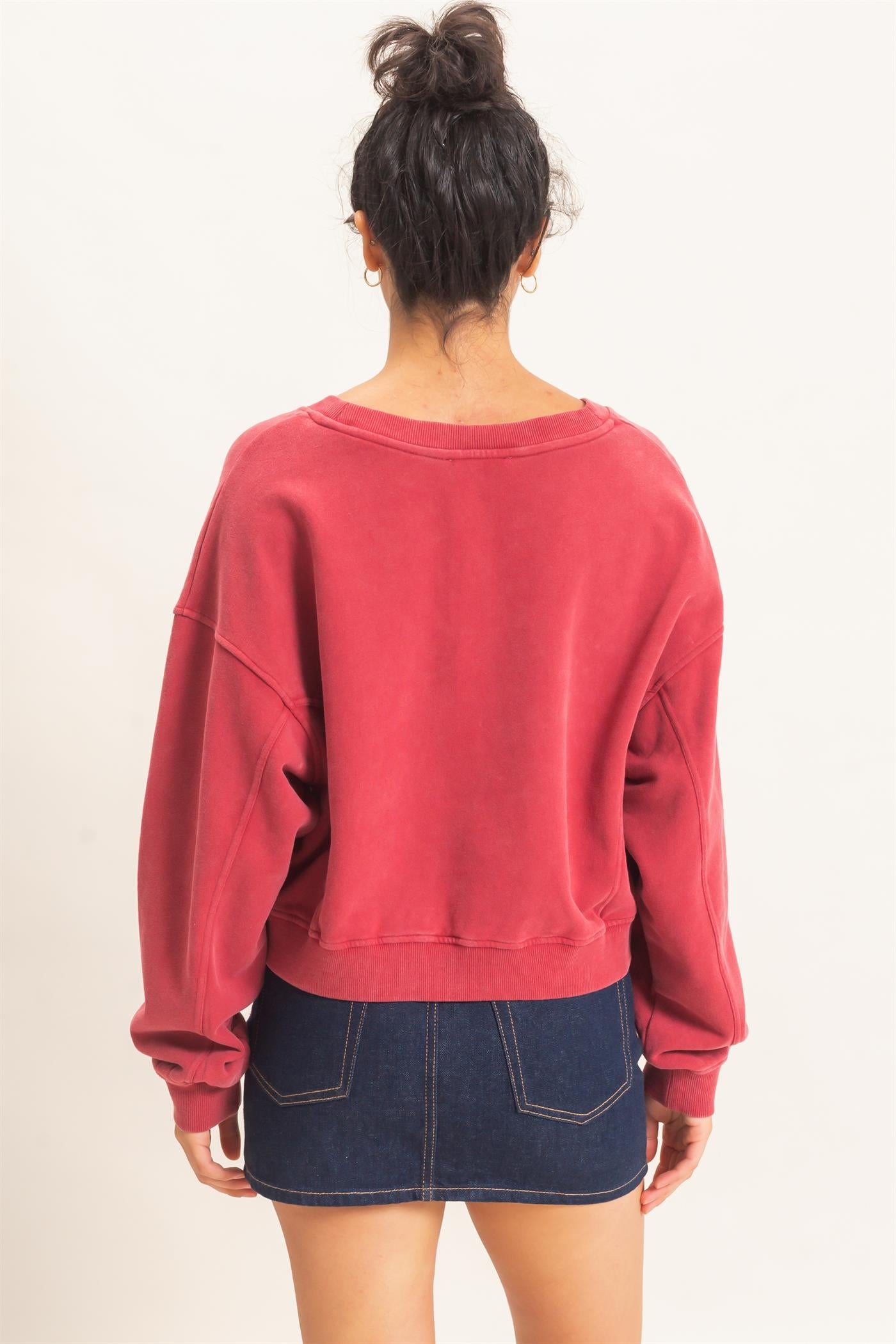 Wholesale Snow Wash V-Neck Sweatshirt Sweatshirts DZ26C844 DARK RED DOUBLE ZERO