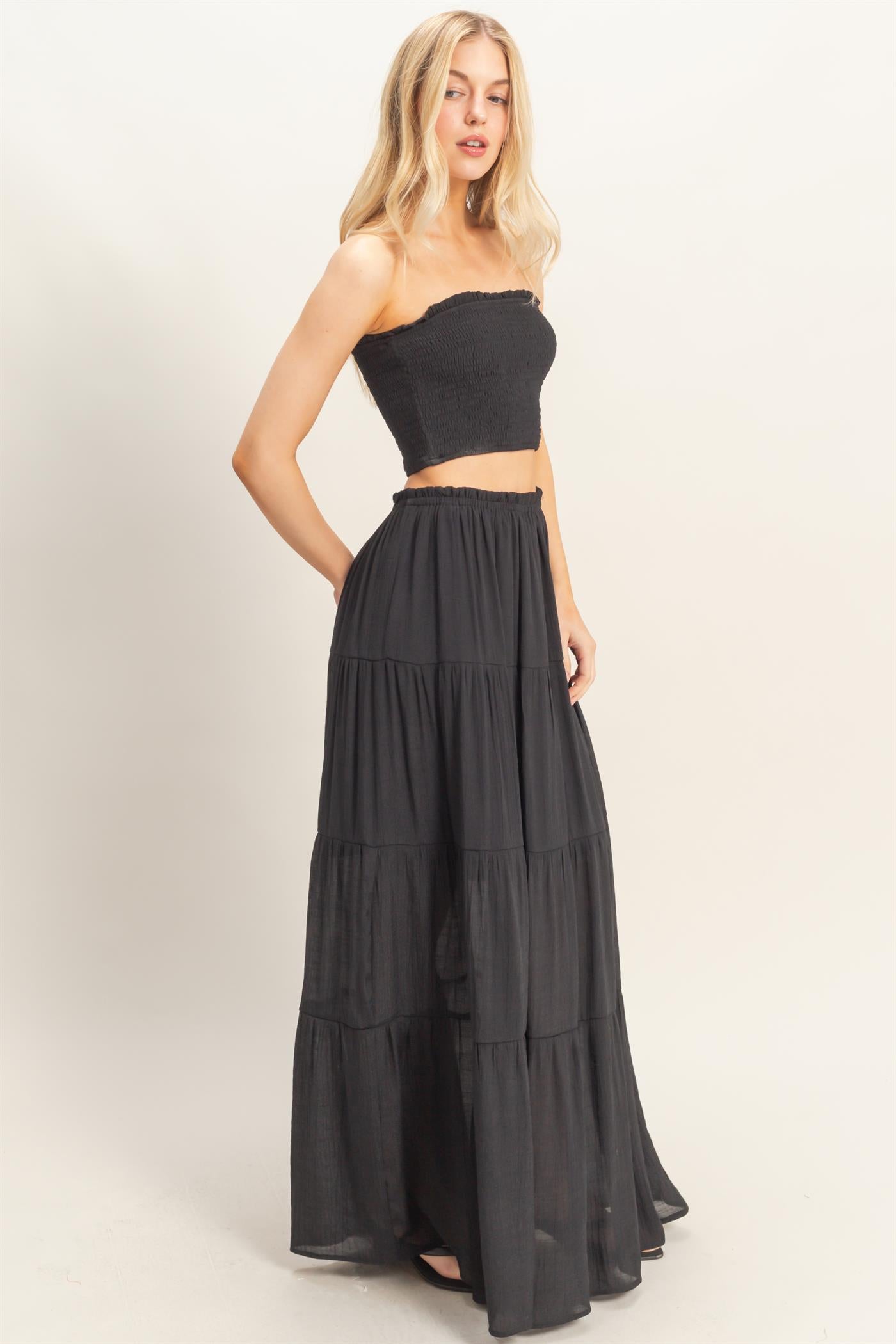 Wholesale Smocked Tube Top & Tiered Skirt Set Clothing HF26C289-SET-D BLACK HYFVE