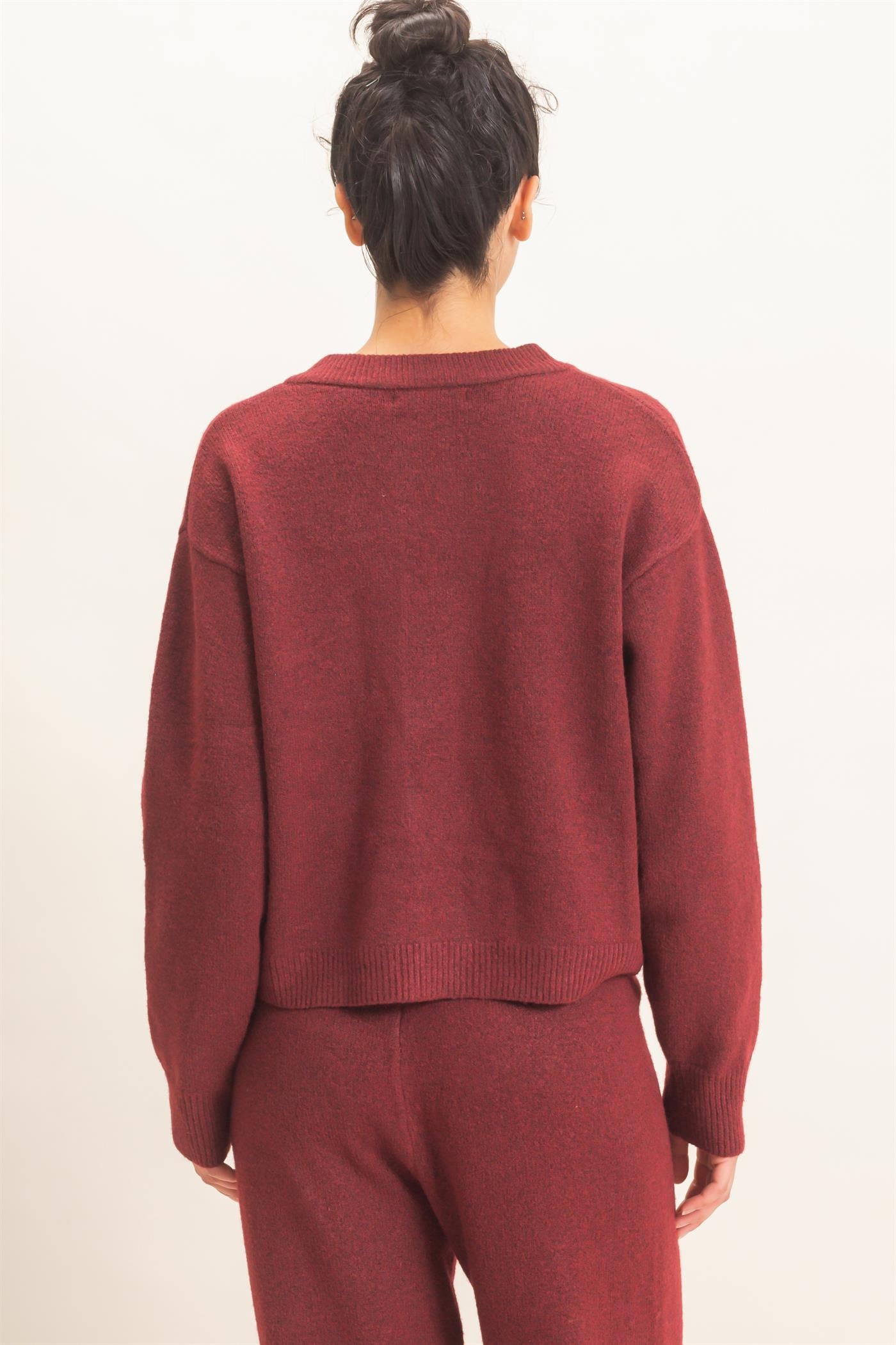 Wholesale Crew Neck Button Front Cardigan Cardigans DZ26E639 BURGUNDY DOUBLE ZERO