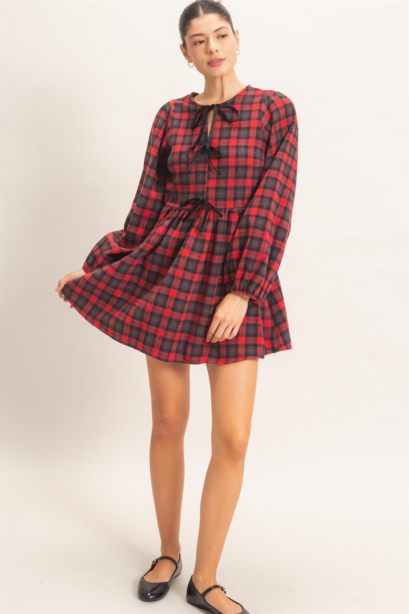 Wholesale Plaid Velvet Ribbon Tie Mini Dress Dresses HF26E965 RED HYFVE