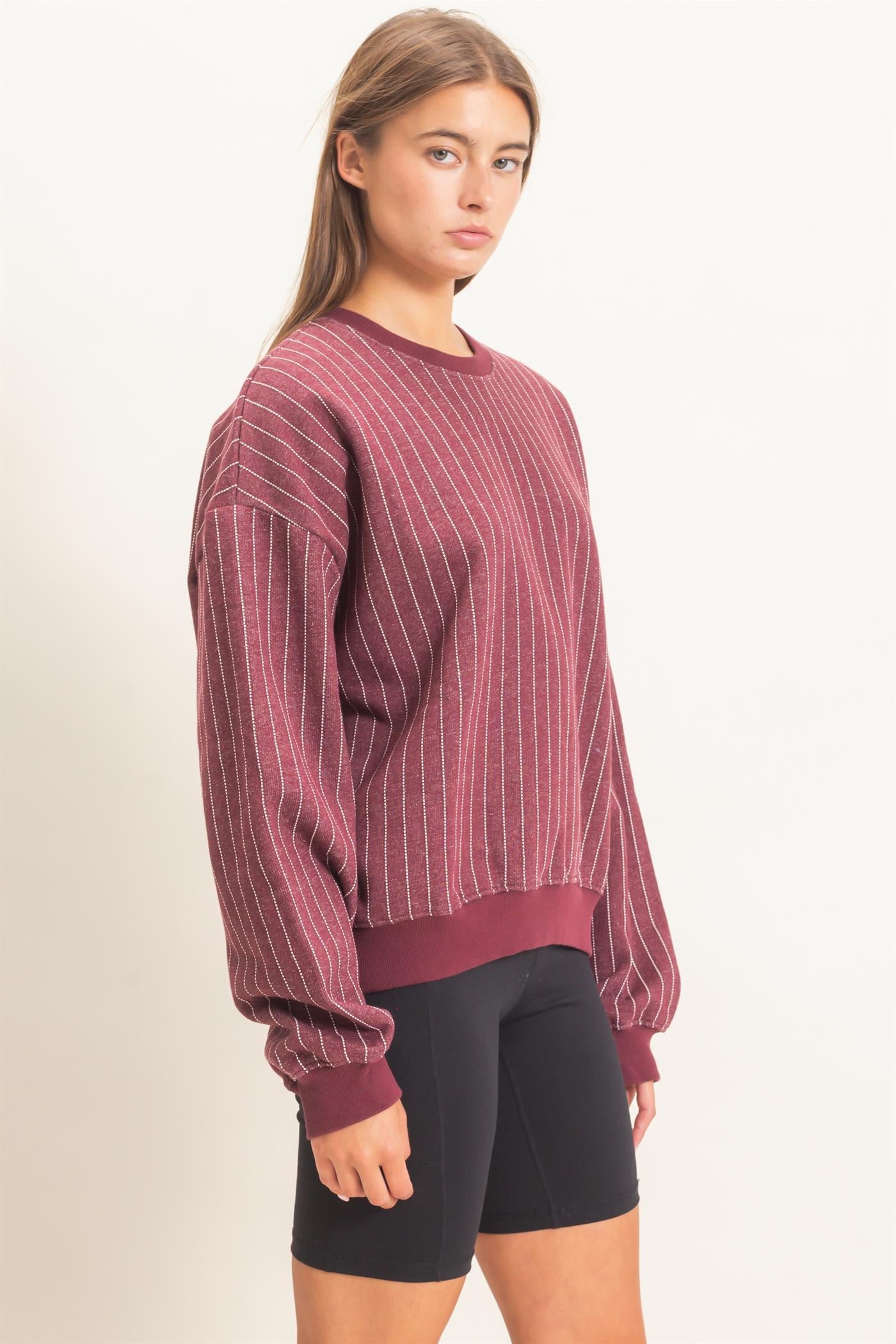 Wholesale Pinstripe Crew Neck Sweatshirt Sweatshirts DZ26E627 DARK CHERRY DOUBLE ZERO