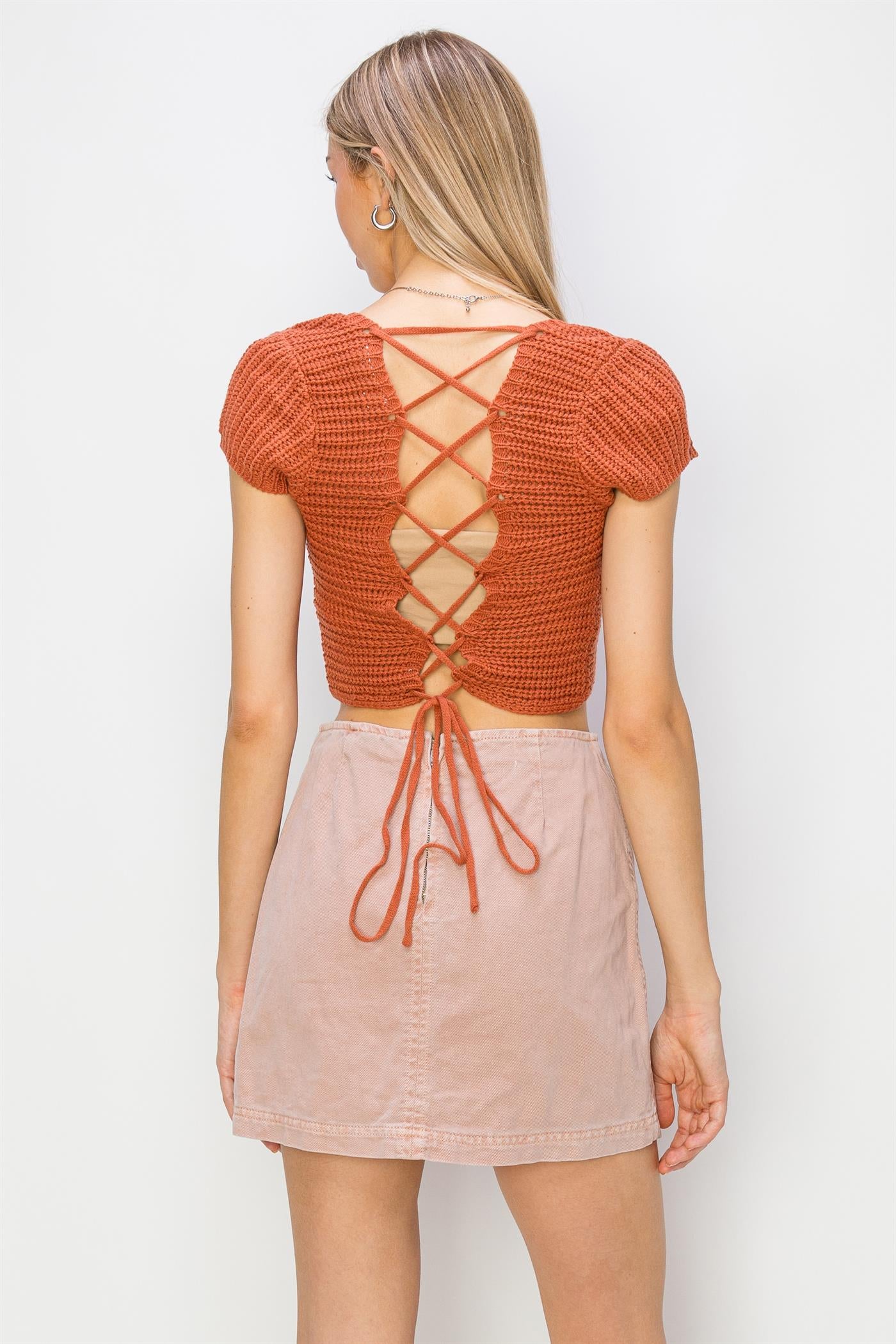 Wholesale Square Neck Cap Sleeve Top Clothing Tops DZ24A868 BAKED CLAY DOUBLE ZERO