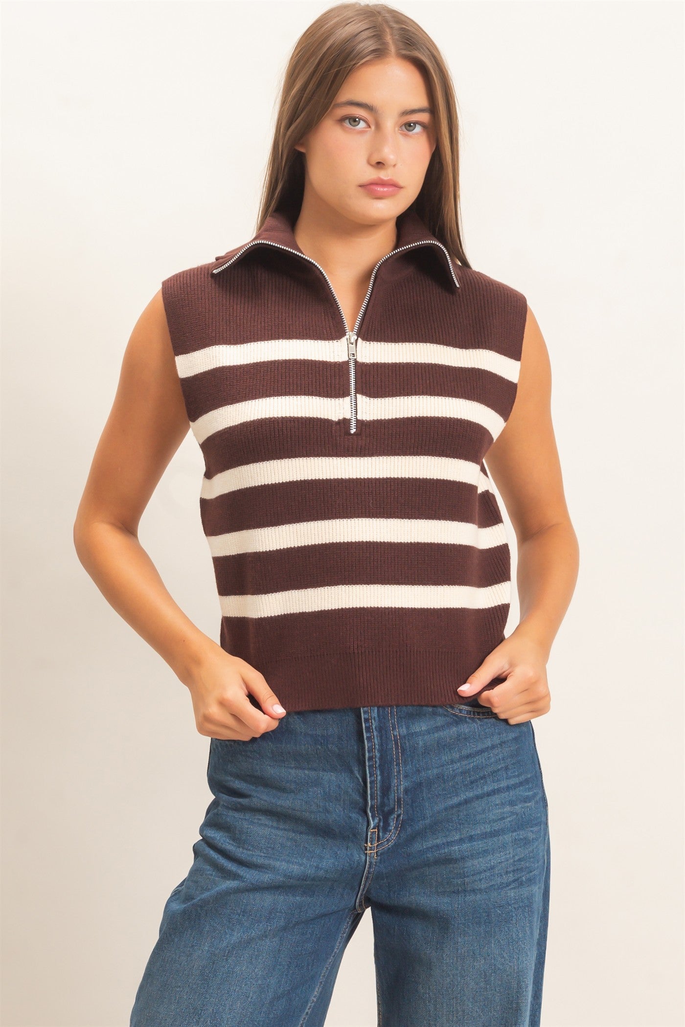 Wholesale Half-Zip Sleeveless Stripe Sweater Sweaters DZ26E951 DARK BROWN DOUBLE ZERO