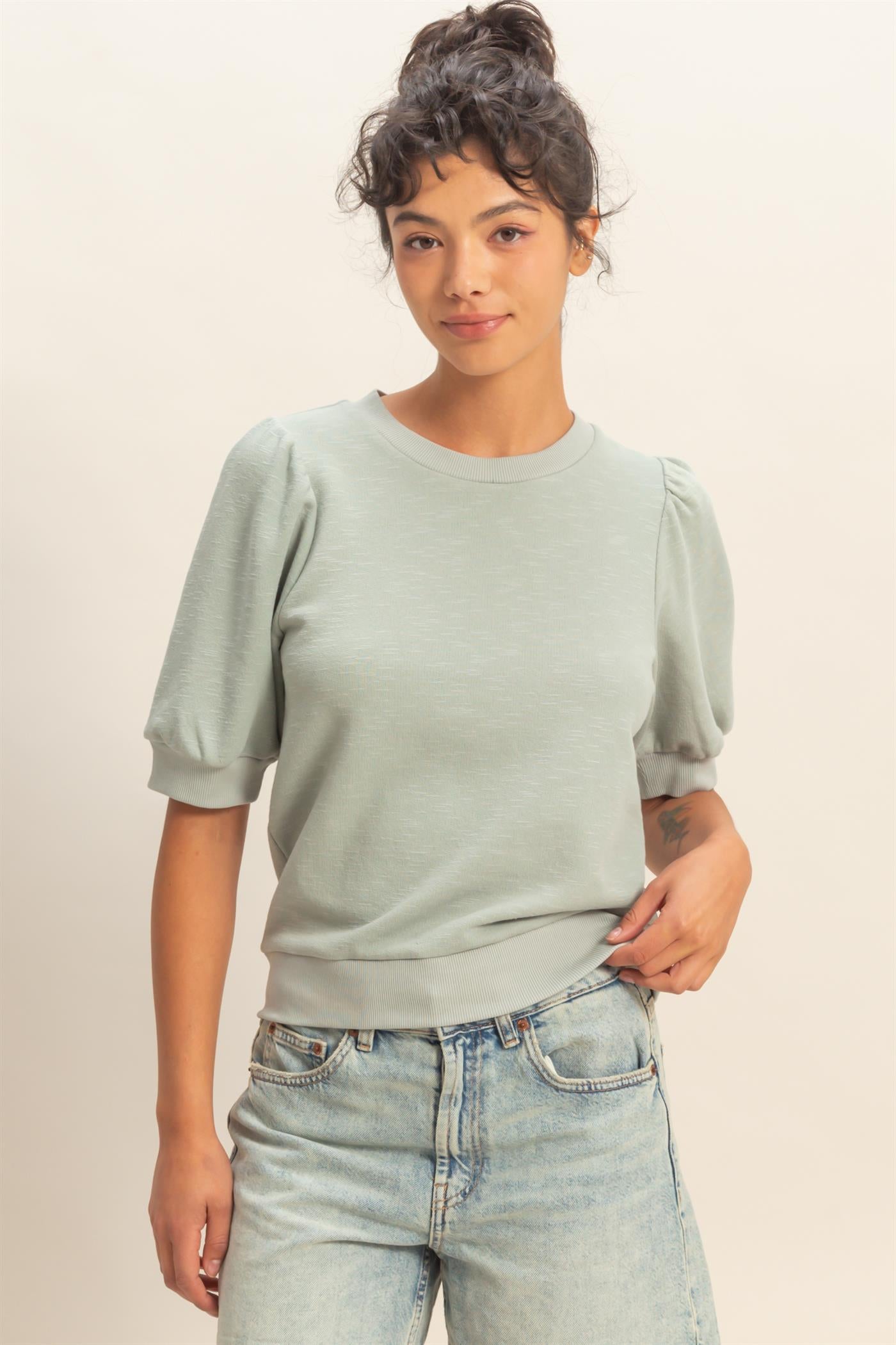 Wholesale Puff Short Sleeve Crew Neck Top Clothing Tops DZ26A927 SAGE GREEN DOUBLE ZERO