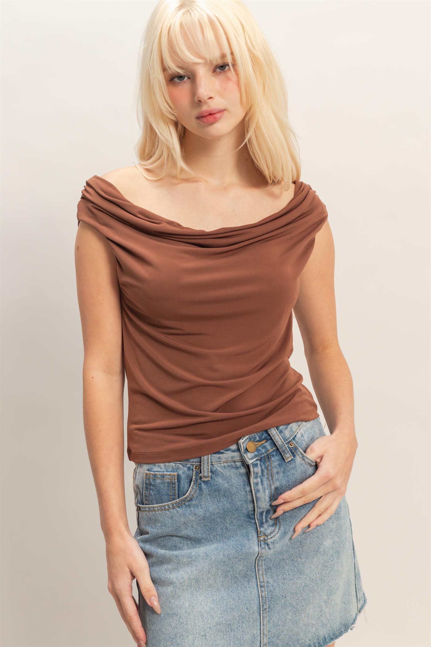 Wholesale Cowl Neck Sleeveless Top Clothing Tops DZ26C274 CHOCOLATE DOUBLE ZERO