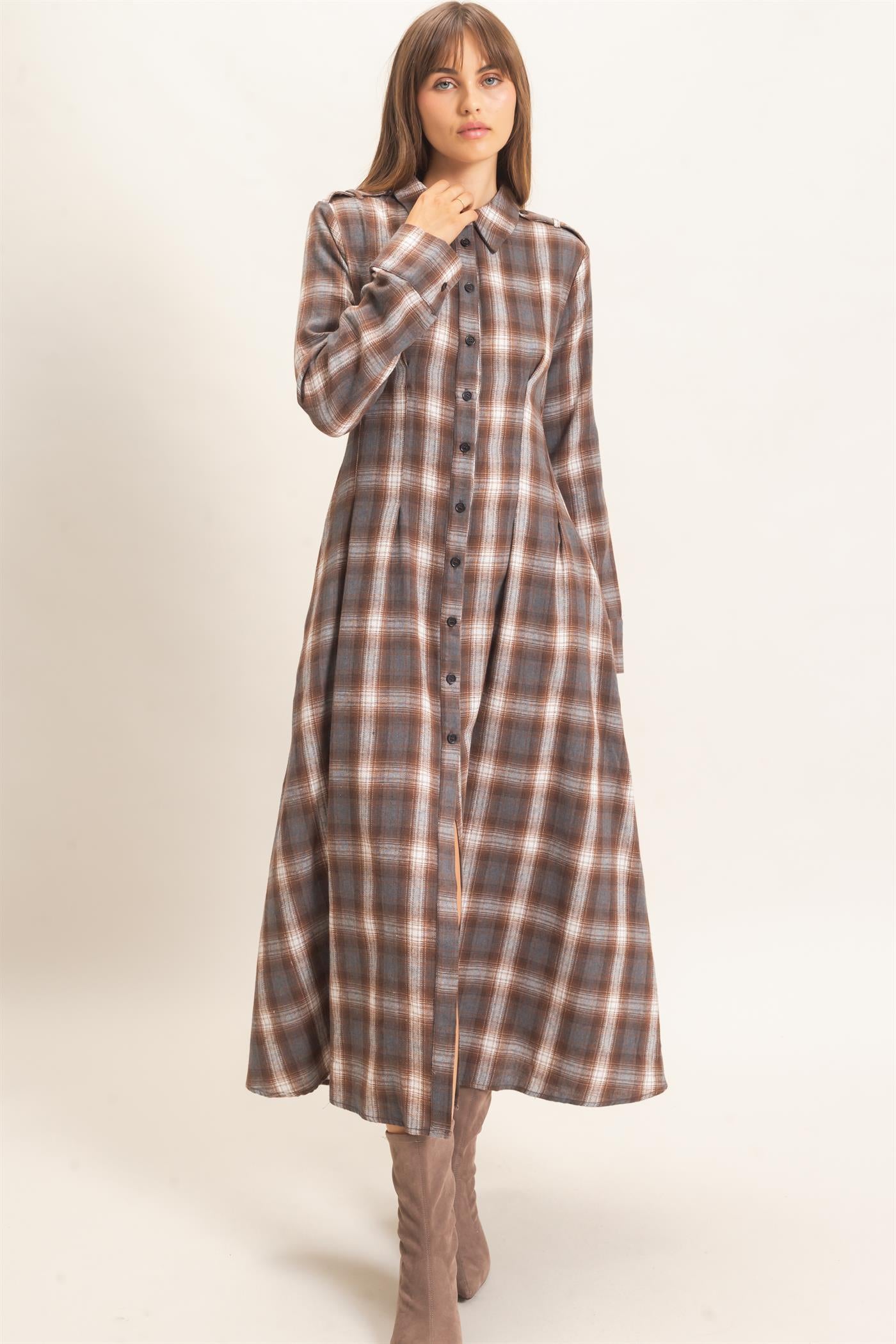 Wholesale Plaid Button-Down Maxi Dress Dresses HF26E999 BROWN HYFVE