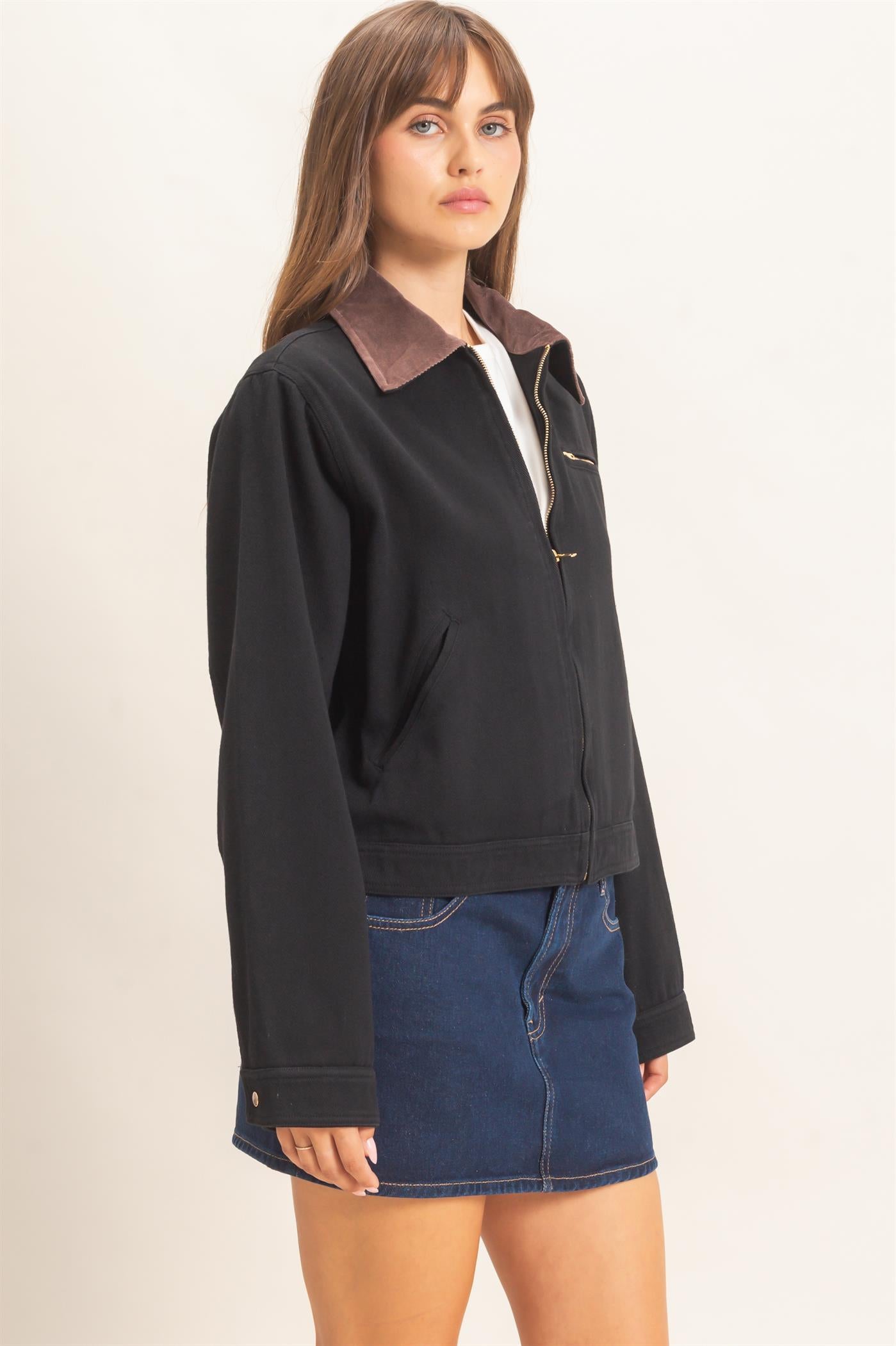 Wholesale Twill Jacket With Corduroy Collar Outerwear HF26E011 BLACK HYFVE