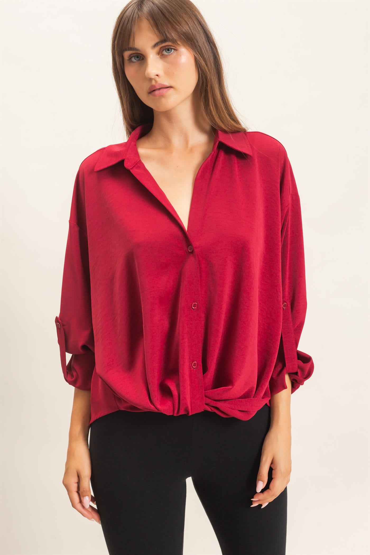 Wholesale Button-Up Dolman Sleeve Top Shirts HF26F070 BURGUNDY HYFVE
