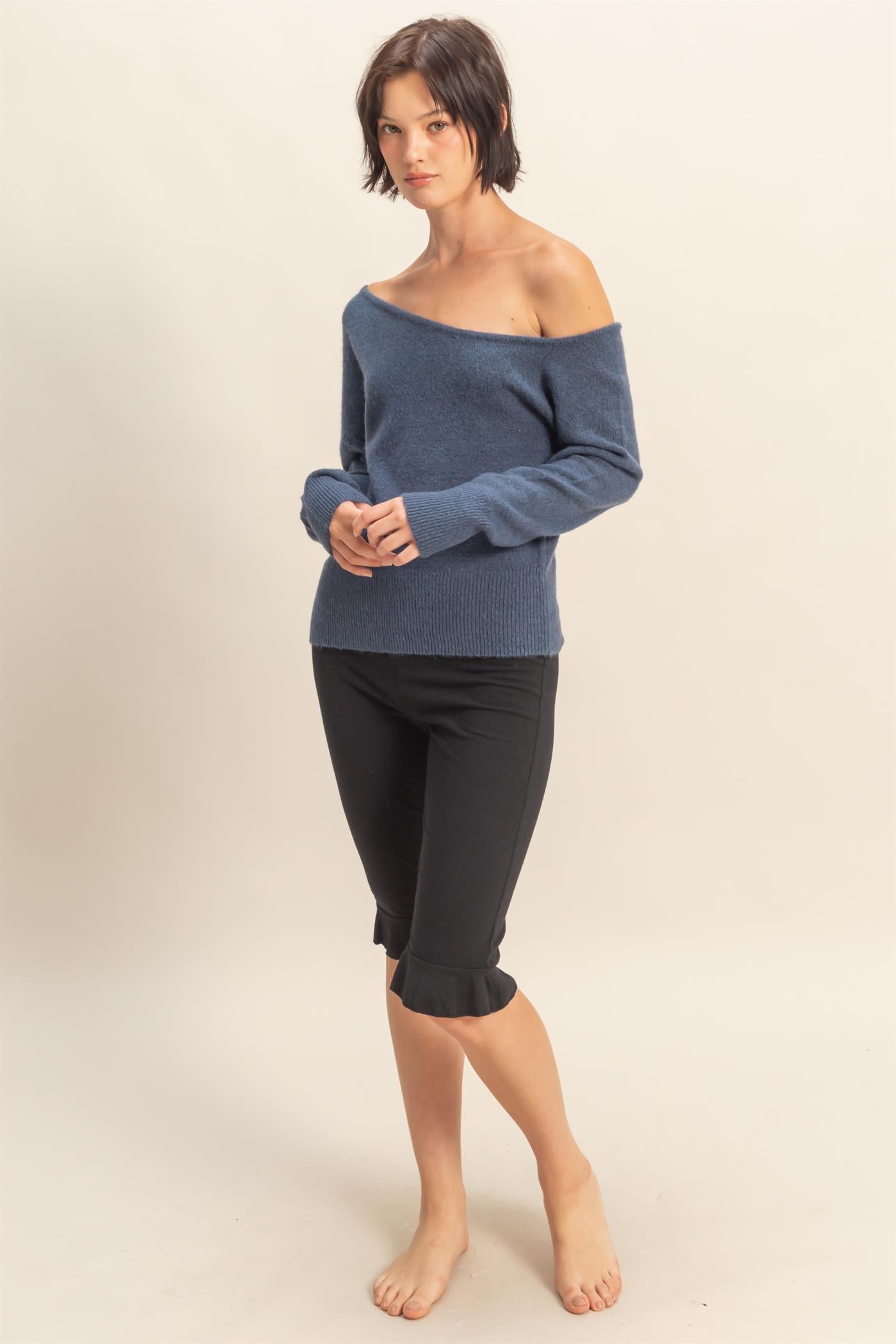 Wholesale Asymmetric Off-Shoulder Sweater Sweaters DZ25F121 DUSTY NAVY DOUBLE ZERO