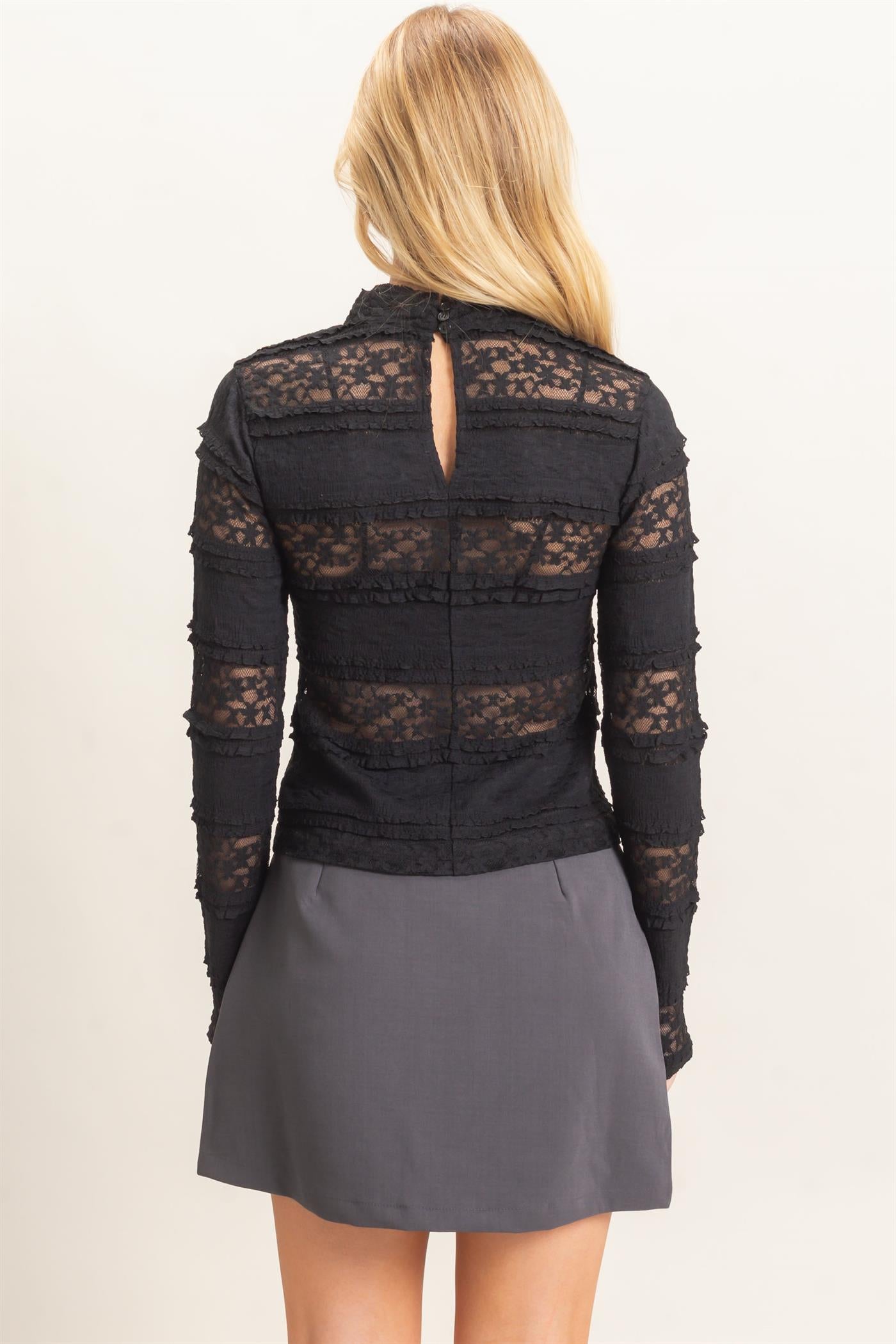 Wholesale Textured Lace High Neck Top Clothing Tops HF26C769 BLACK HYFVE