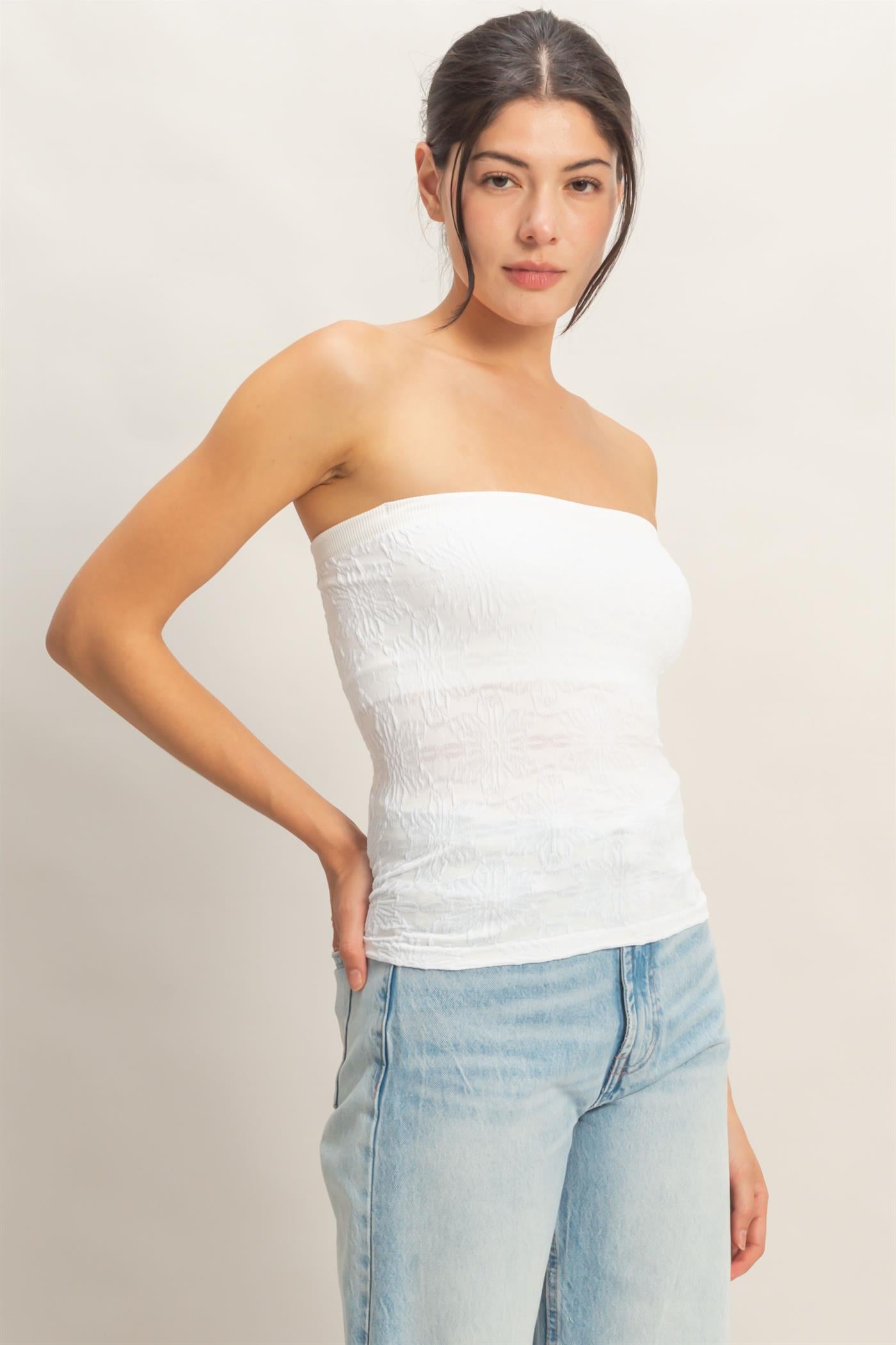 Wholesale Strapless Jacquard Top Clothing Tops HF26E219 WHITE HYFVE