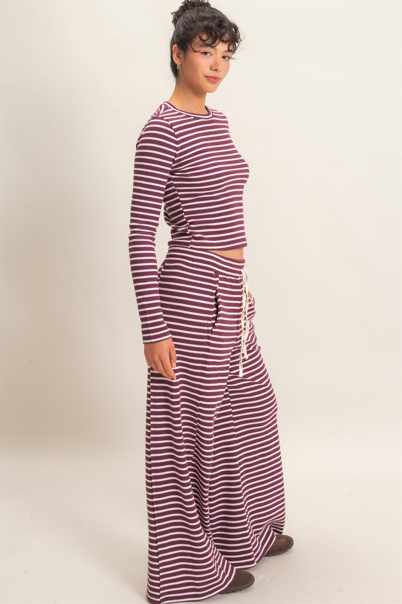 Wholesale Striped Waffle Long Sleeve Top & Pants Set Clothing DZ25F479-SET DARK CHERRY DOUBLE ZERO