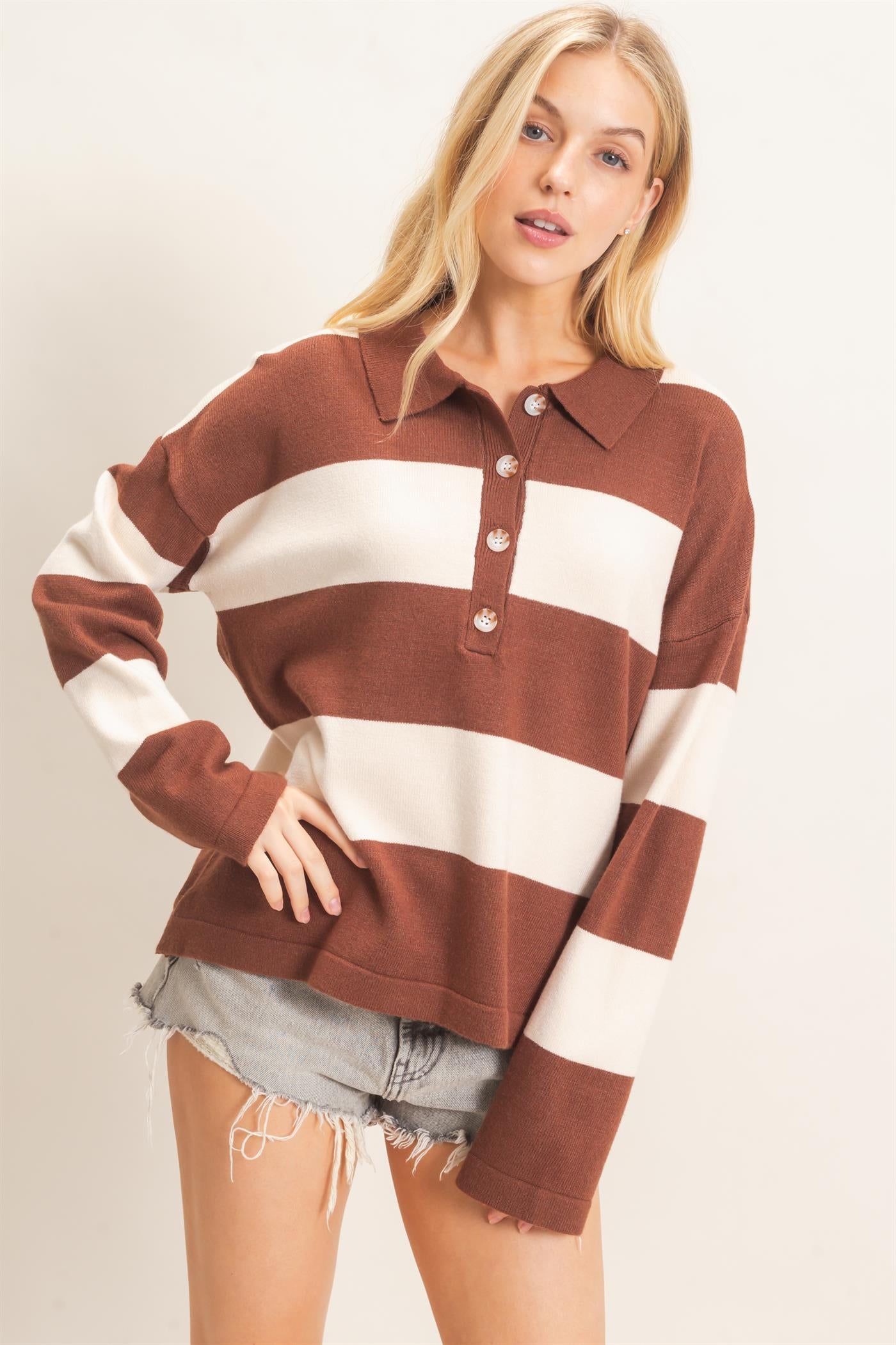 Wholesale Striped Button-Up Sweater Sweaters HF26F198 BROWN HYFVE