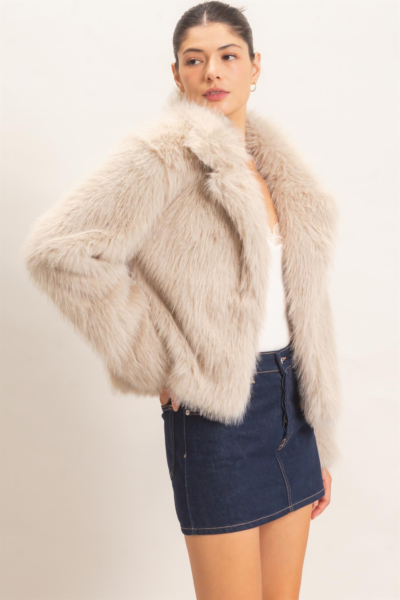 Wholesale Shawl Collar Faux Fur Jacket Outerwear HF26F207-D TAUPE HYFVE