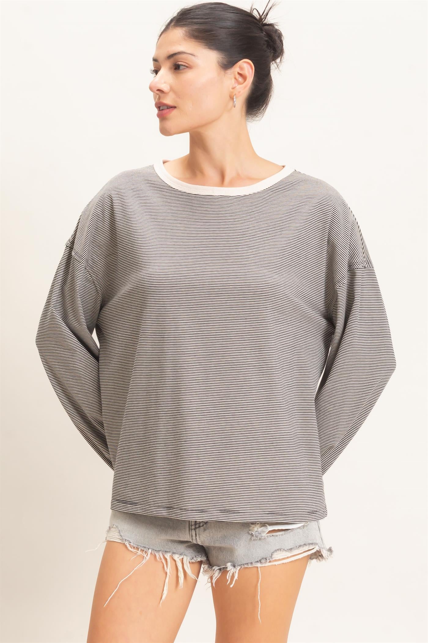 Wholesale Striped Boat Neck Long Sleeve Top Clothing Tops HF26E674 BLACK HYFVE