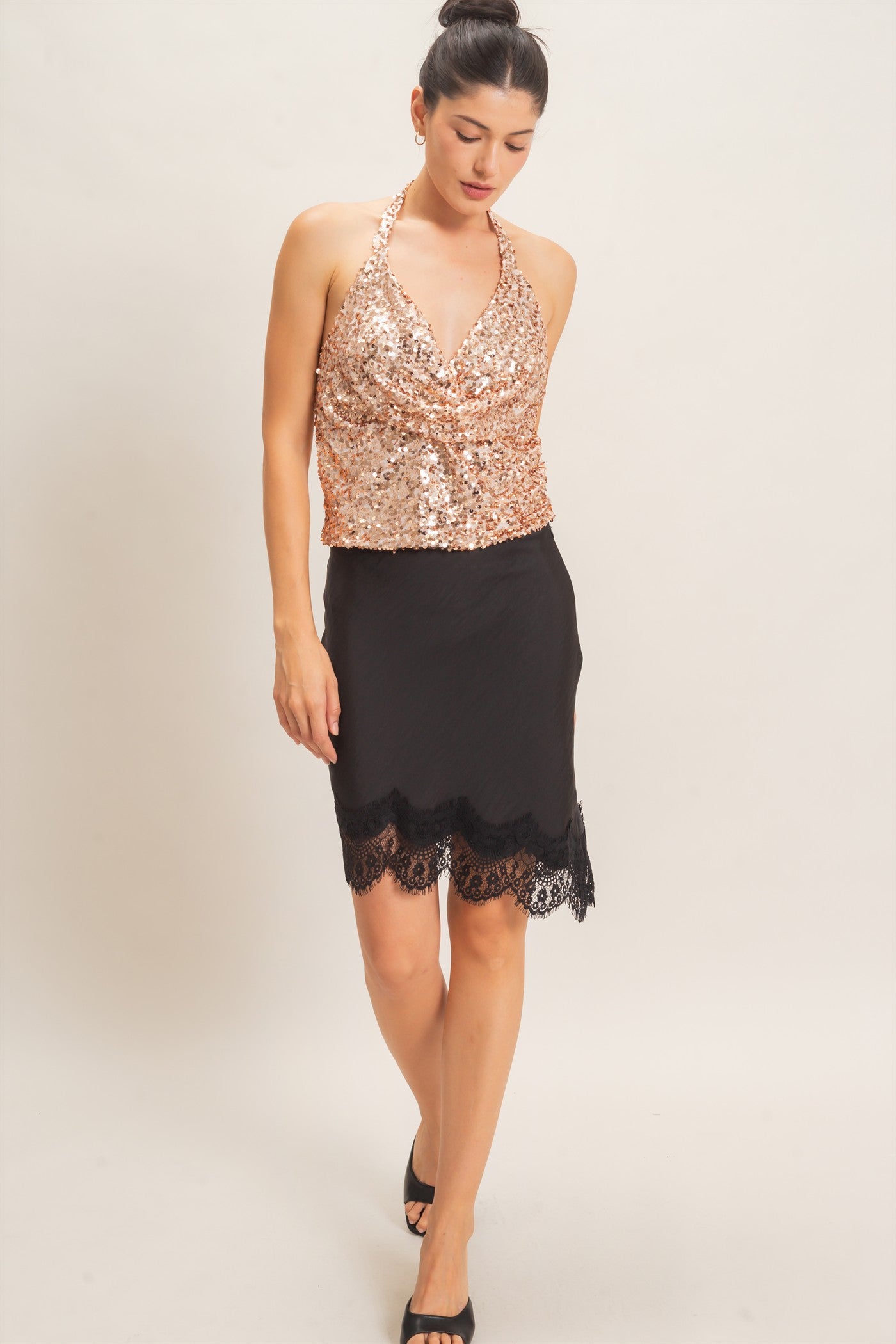 Wholesale Sequin Halter Cowl Neck Top Clothing Tops HF26C871 GOLD HYFVE
