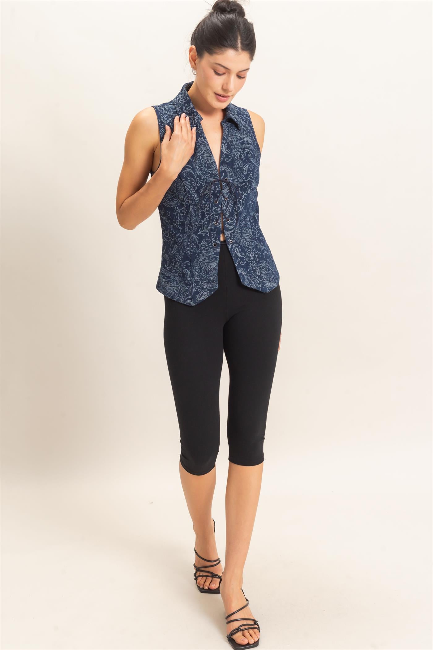Wholesale Paisley Lace-Up Vest Clothing Tops HF26E171 NAVY HYFVE