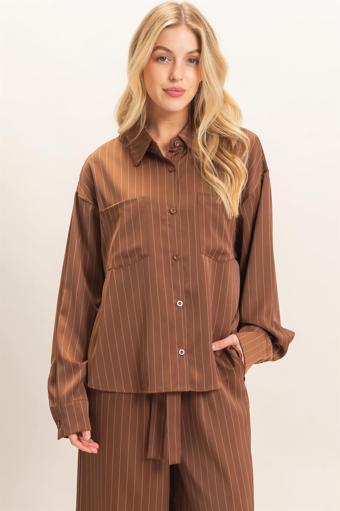 Wholesale Striped Button-Up Blouse Blouses HF26C953 CHOCOLATE HYFVE