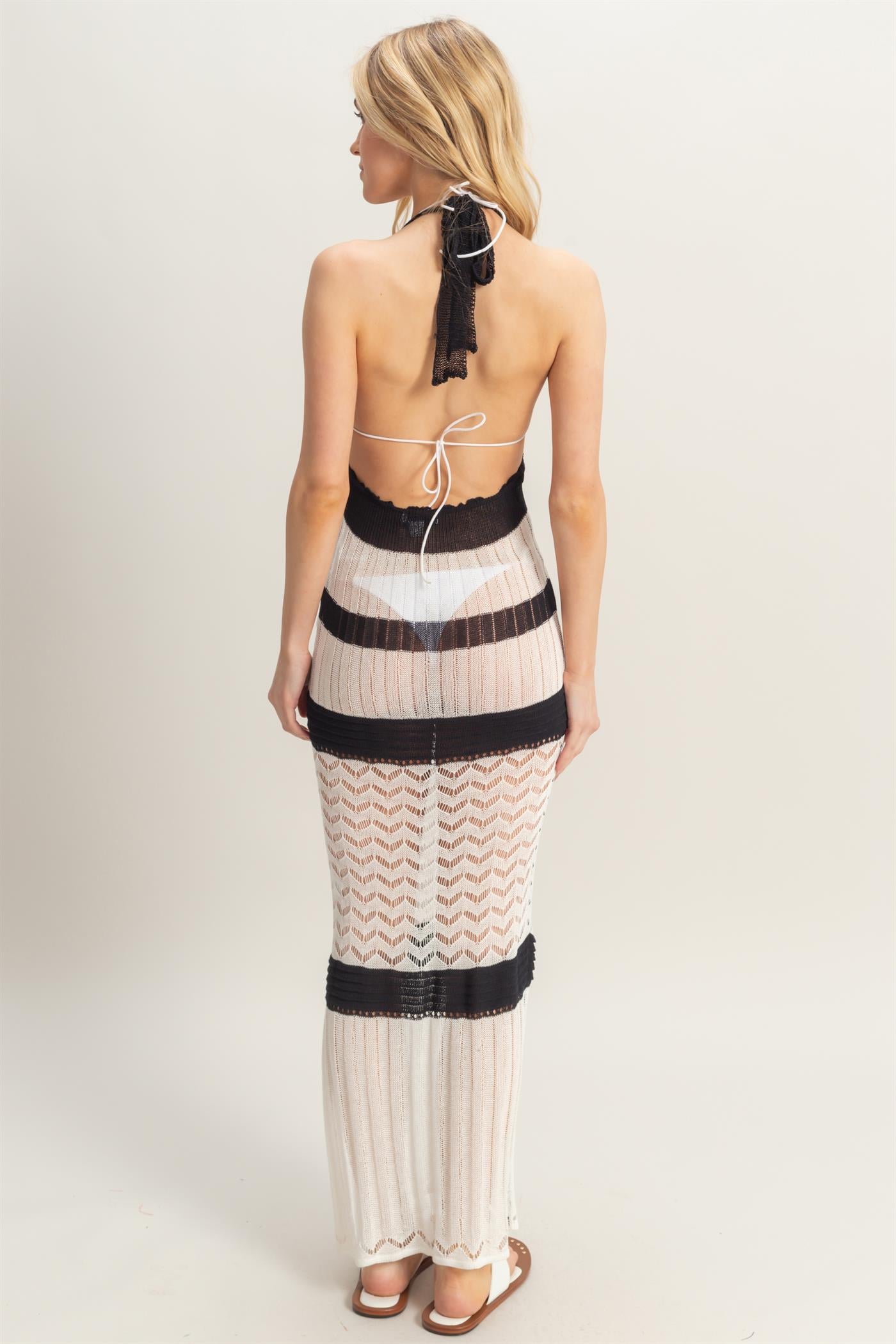 Wholesale Crochet Striped Halter Coverup Maxi Dress Dresses HF25A820 WHITE HYFVE
