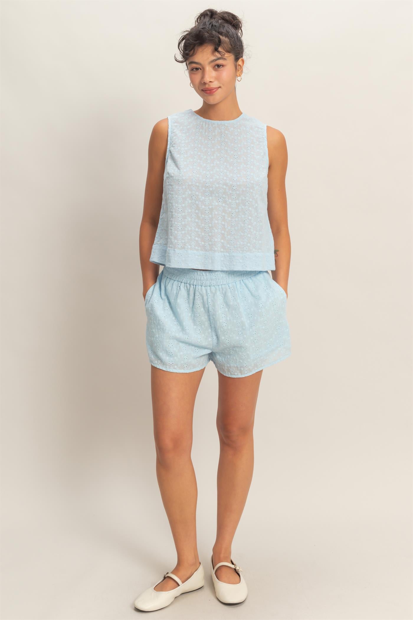 Wholesale Eyelet Sleeveless Top With Back Buttons Clothing Tops DZ26C541 ICE BLUE DOUBLE ZERO