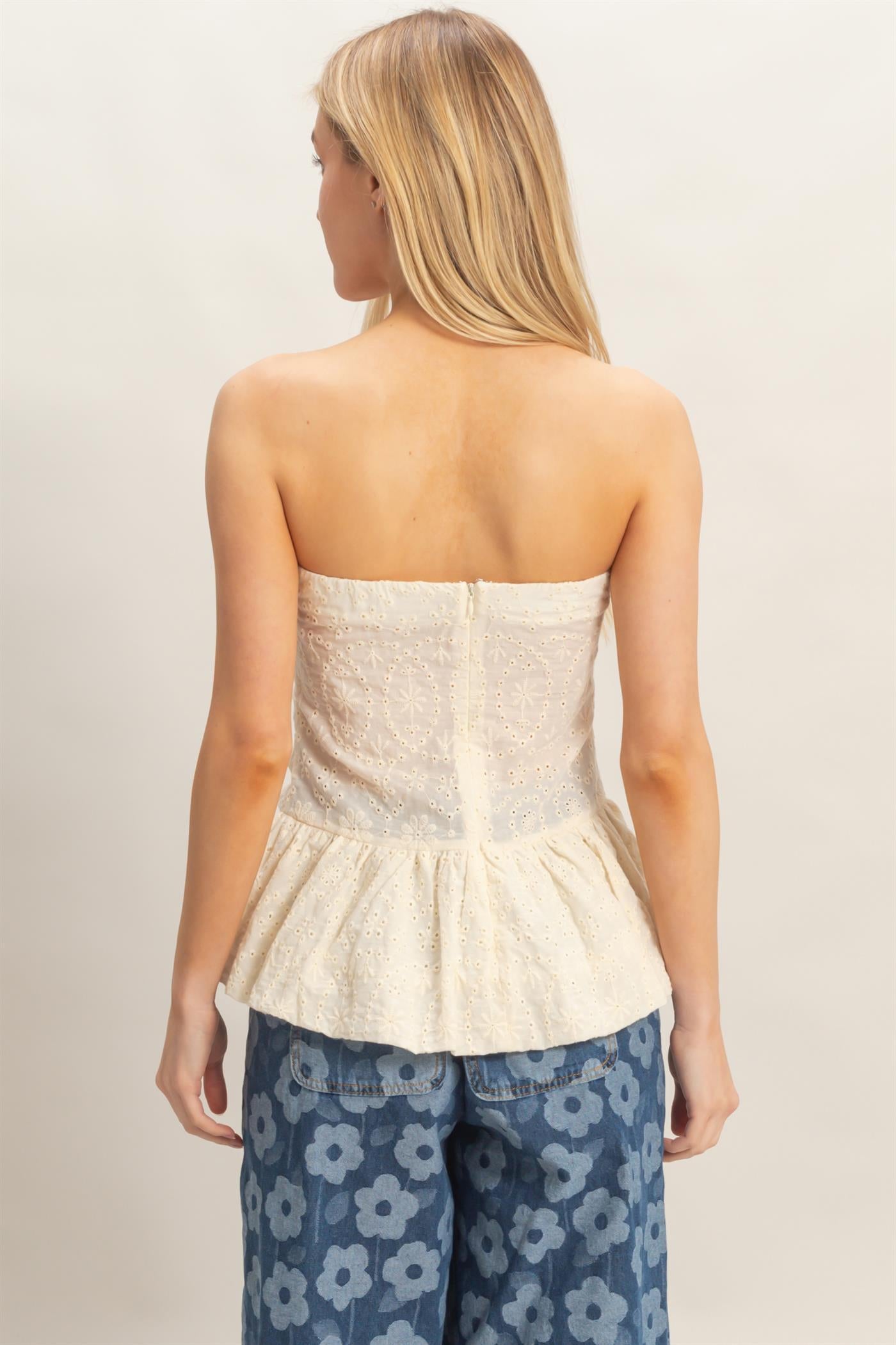 Wholesale Floral Eyelet Tube Top Clothing Tops HF26A213 CREAM HYFVE