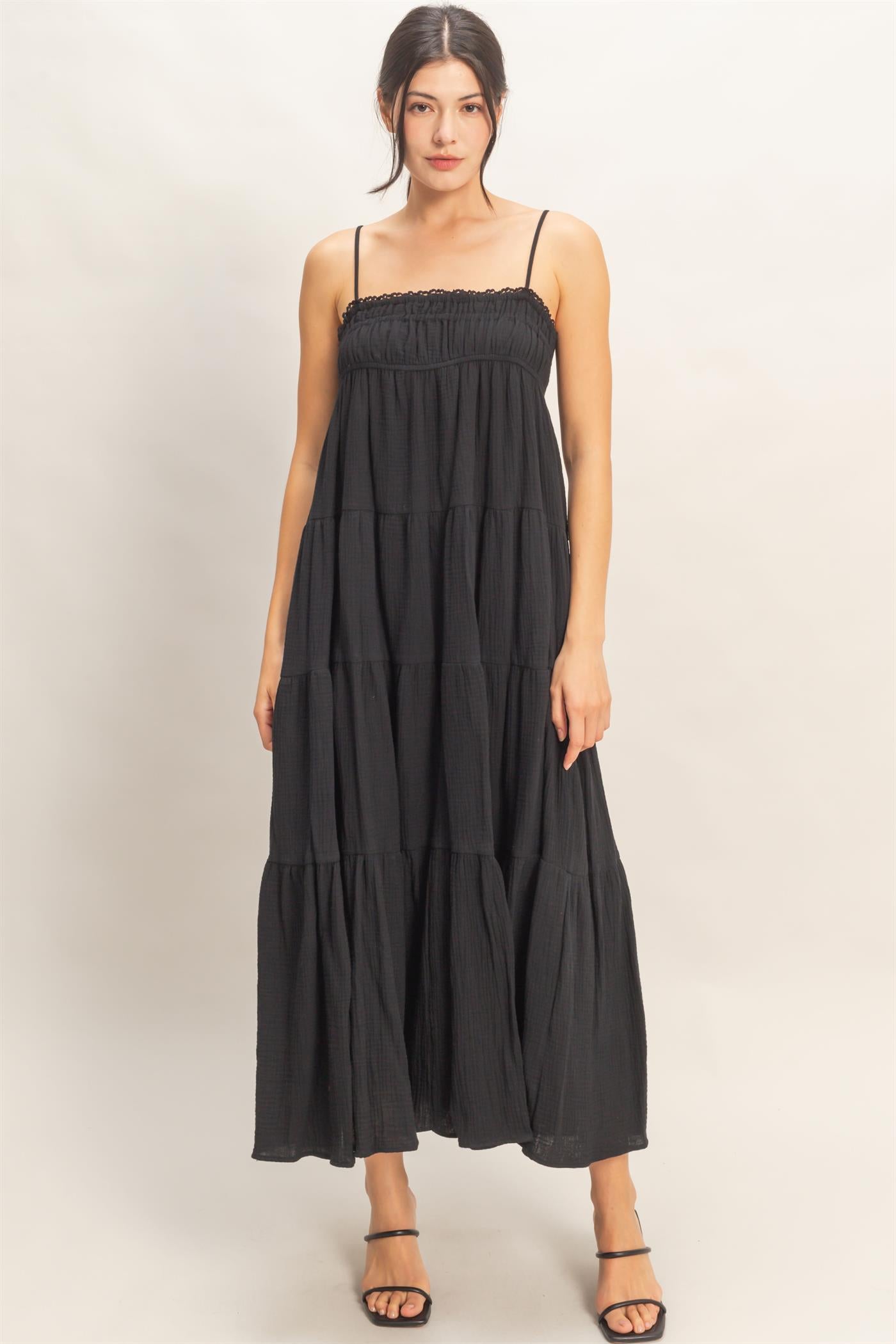 Wholesale Smocked Tiered Maxi Dress Dresses HF26C303 BLACK HYFVE