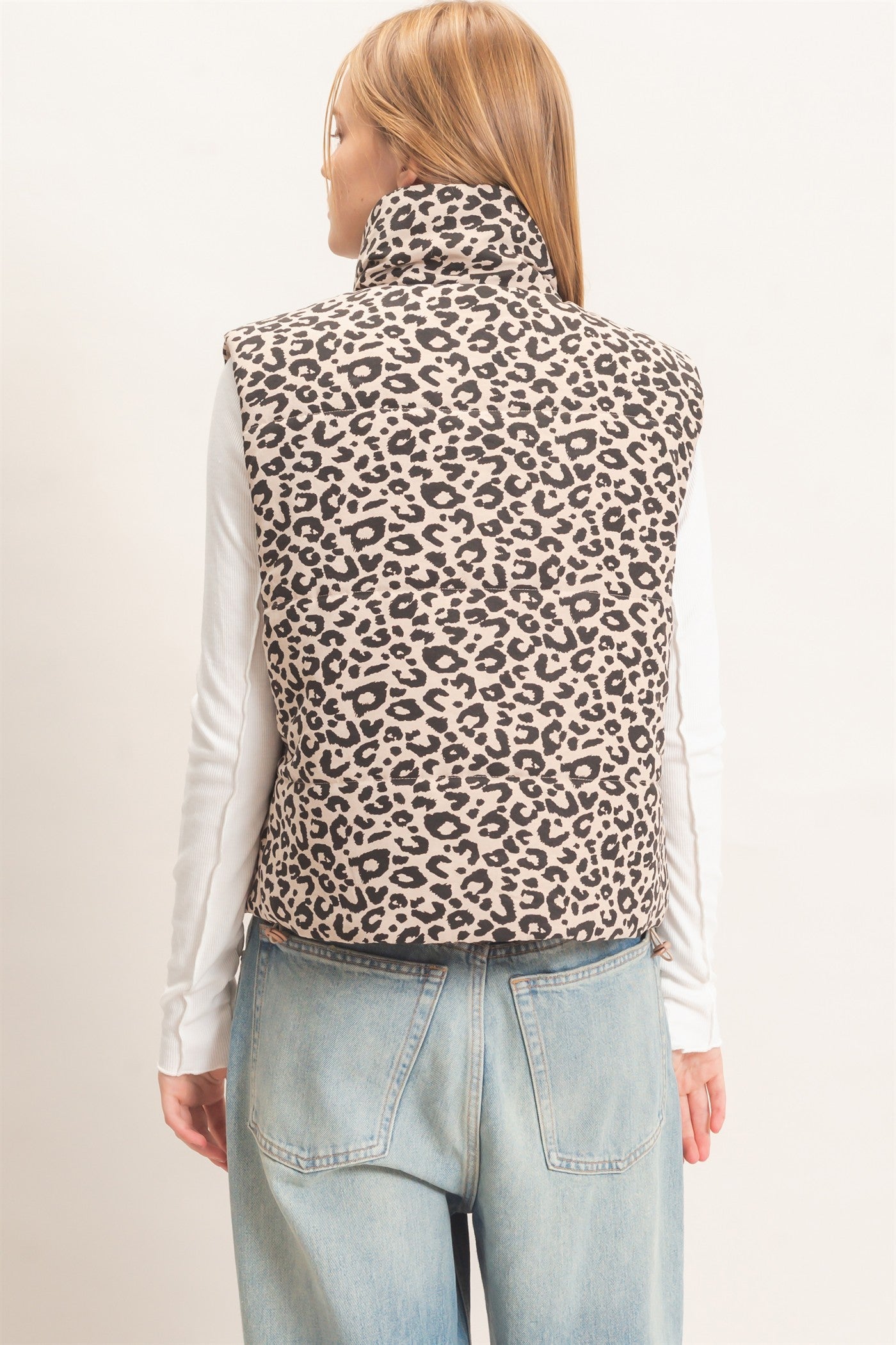 Wholesale Leopard Quilted Zip Up Puffer Vest Outerwear HF26F205 KHAKI HYFVE