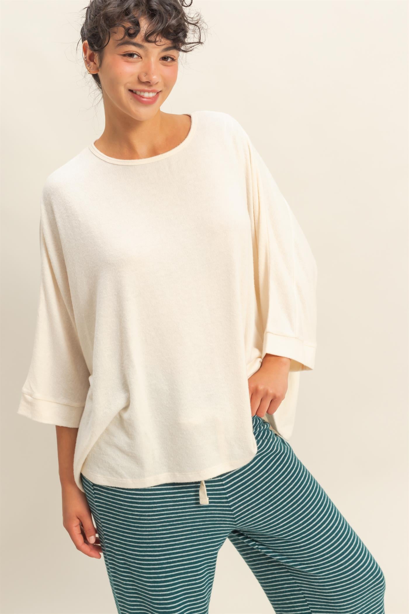 Wholesale Batwing 3/4 Sleeve Oversized Top Clothing Tops DZ25E133 CREAM DOUBLE ZERO