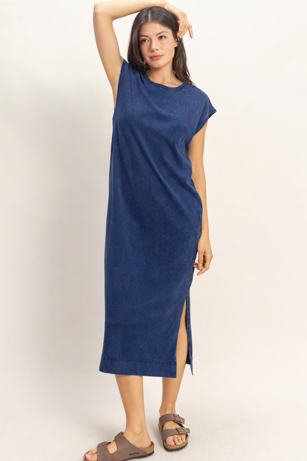 Wholesale Mineral Wash Cap Sleeve Midi Dress Dresses DZ26A049 NAVY DOUBLE ZERO