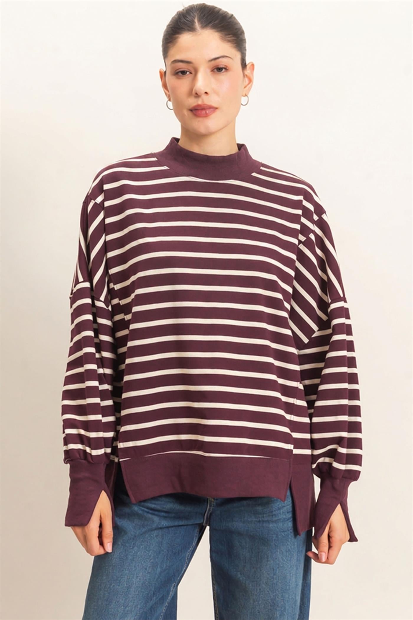 Wholesale Striped Mock Neck Sweatshirt Sweatshirts HF27A178-D RASPBERRY/ECRU HYFVE