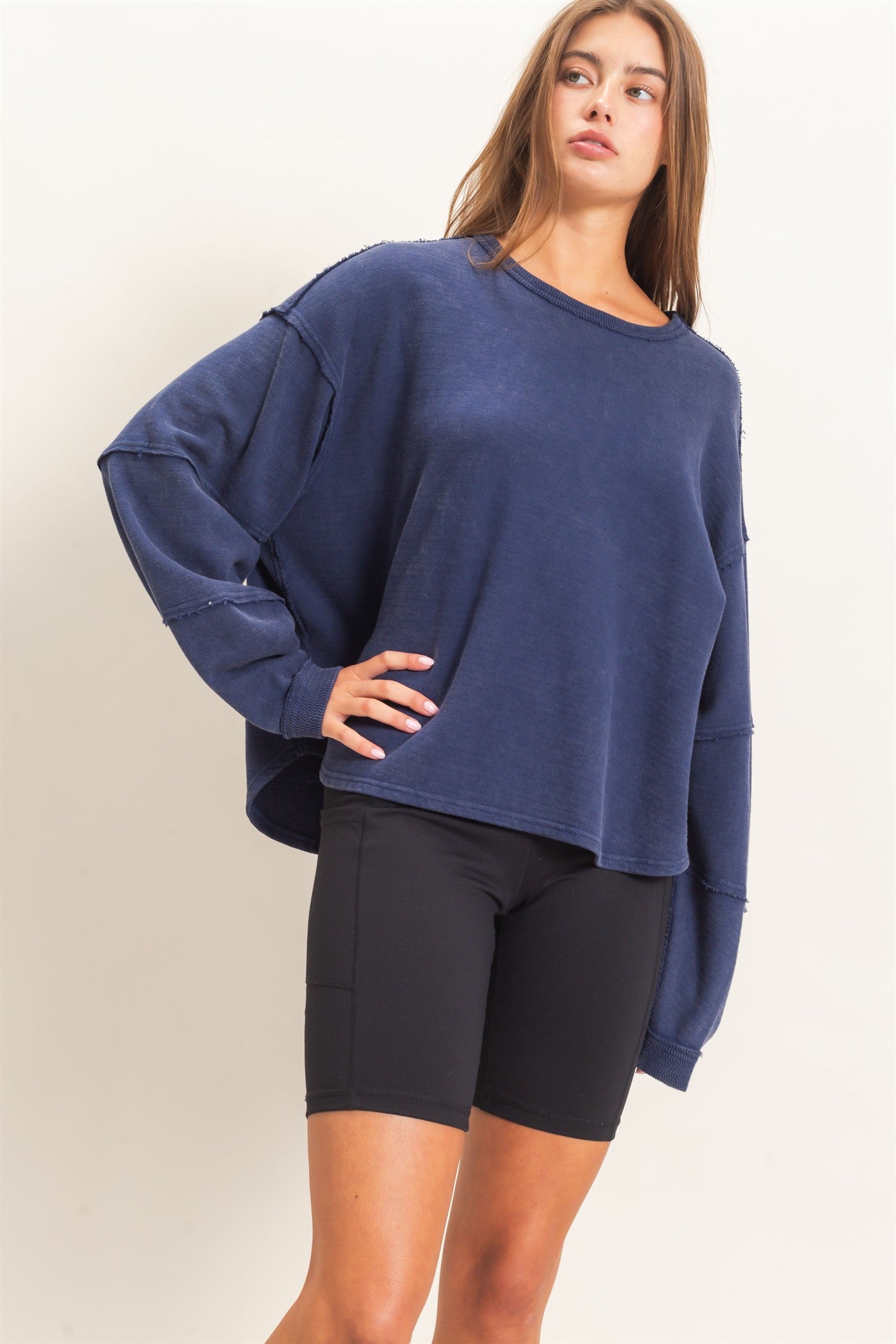 Wholesale Mineral Wash Overzised Raw Edge Crew Neck Top Clothing Tops DZ26E449 NAVY DOUBLE ZERO