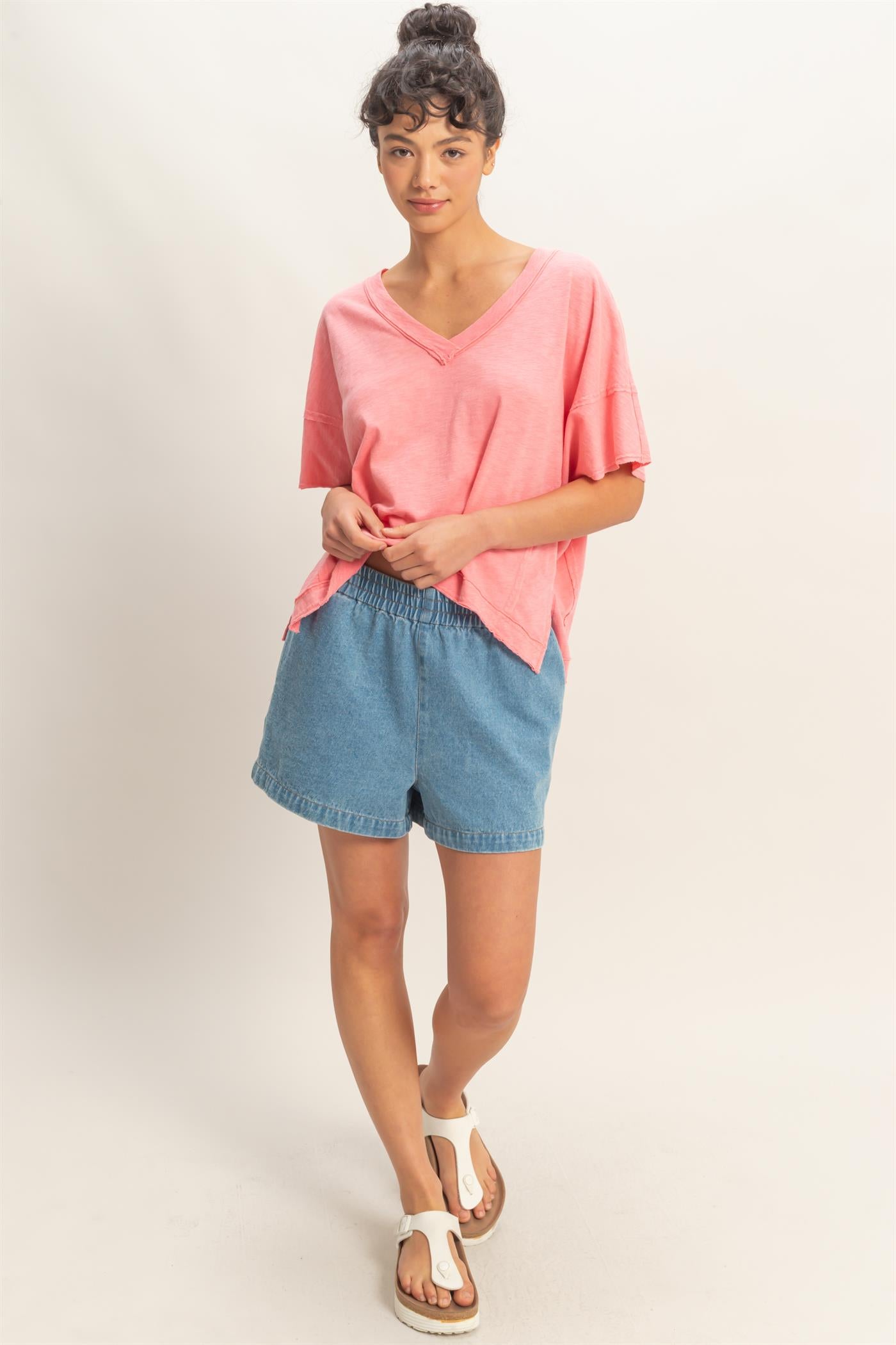 Wholesale Oversized V-Neck Short Sleeve Top Clothing Tops DZ26A032 TAFFY PINK DOUBLE ZERO
