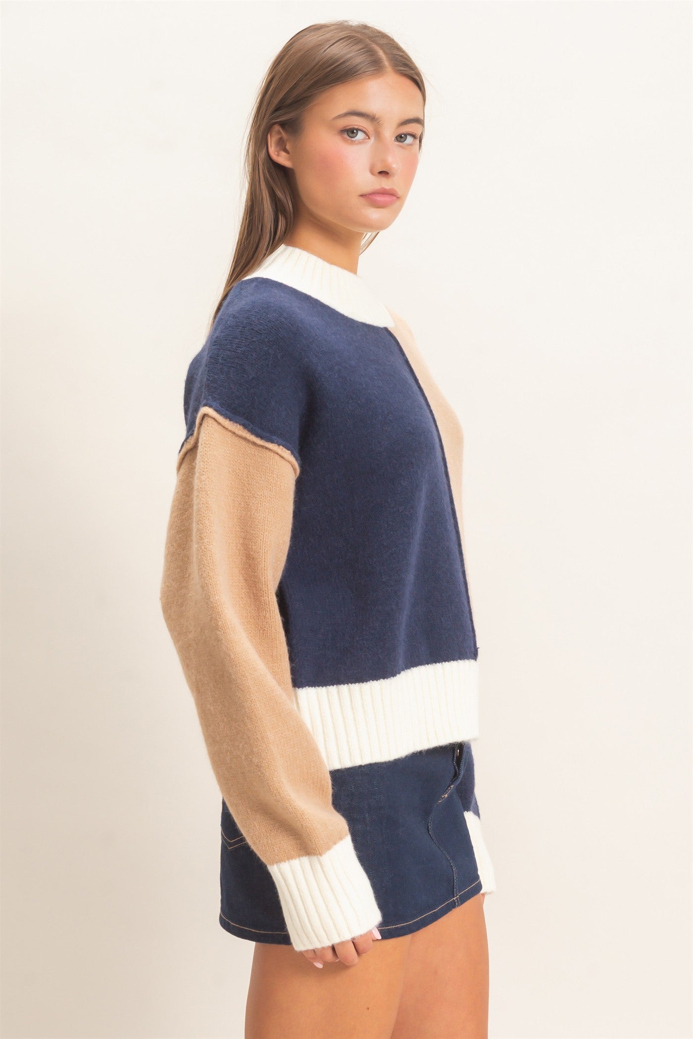 Wholesale Color Block Mock Neck Sweater Sweaters DZ27A211 NAVY DOUBLE ZERO