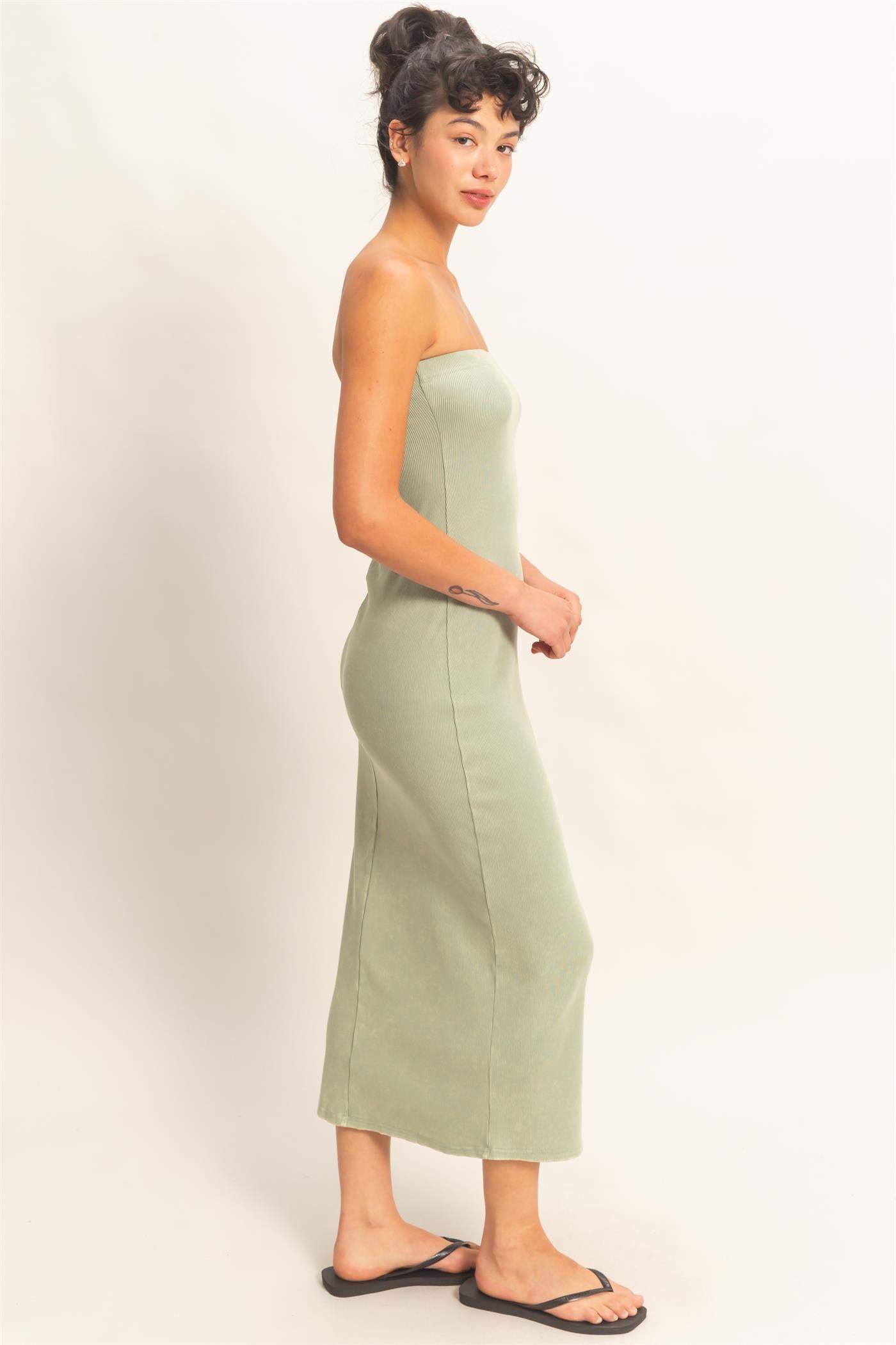 Wholesale Acid Washed Ribbed Midi Tube Dress Dresses DZ26C620 SAGE GREEN DOUBLE ZERO
