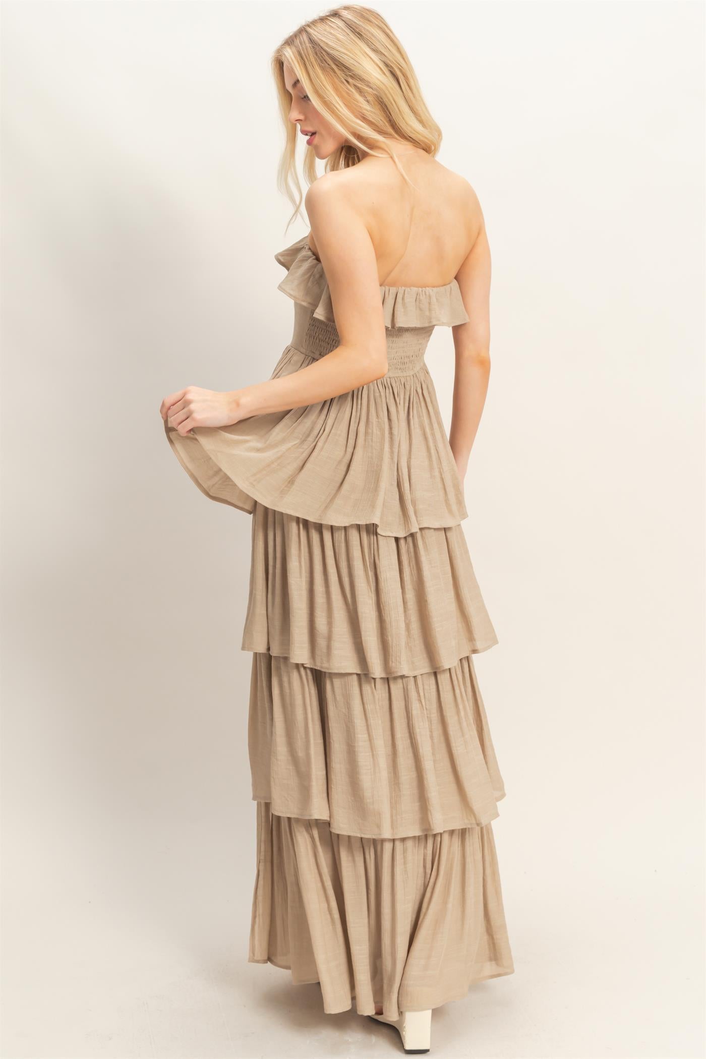 Wholesale Tiered Strapless Ruffle Dress Dresses HF26A616-D TAUPE HYFVE