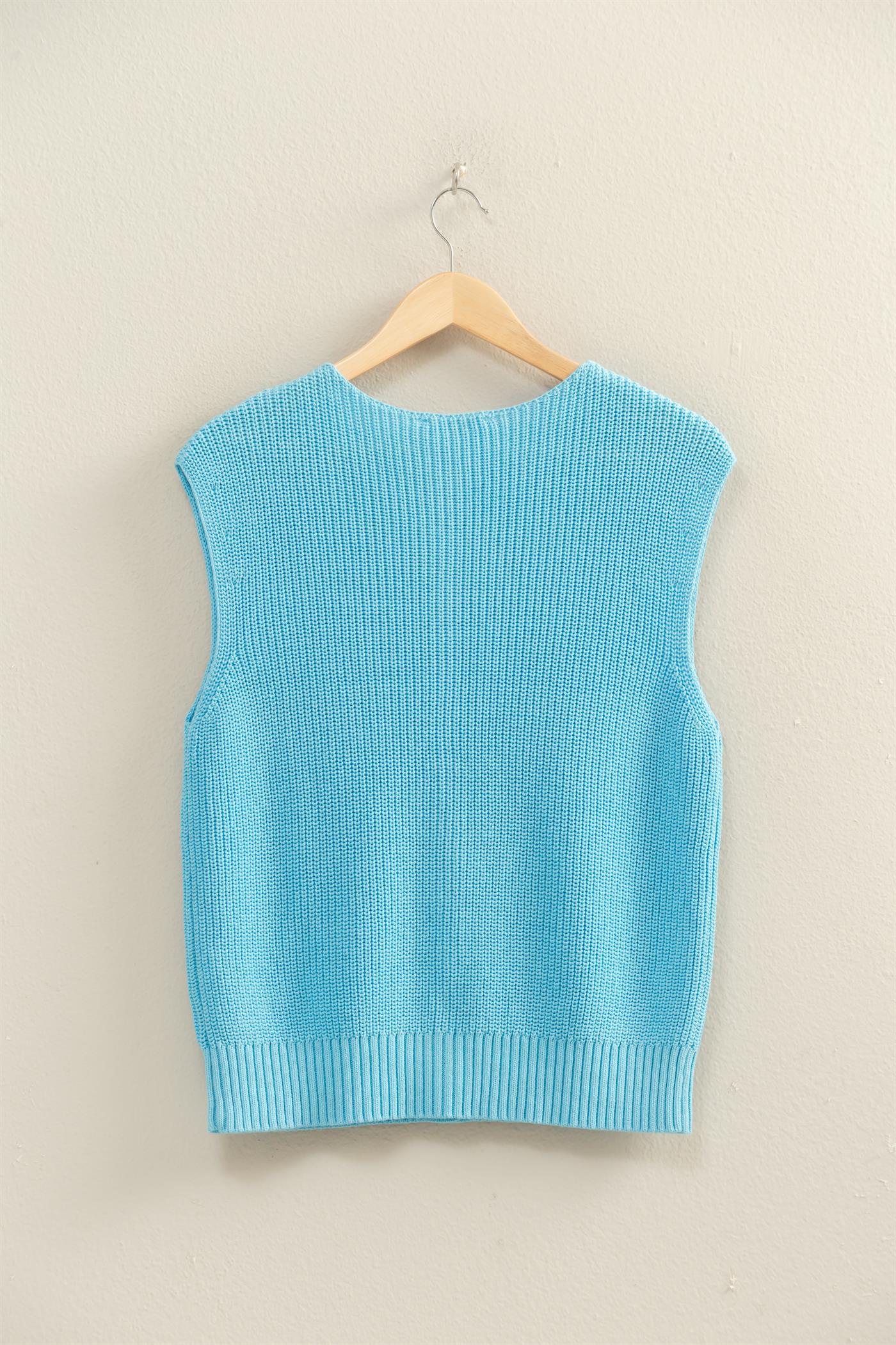 Wholesale Sleeveless Button-Up Ribbed Vest Sweaters DZ26A833 BLUE DOUBLE ZERO