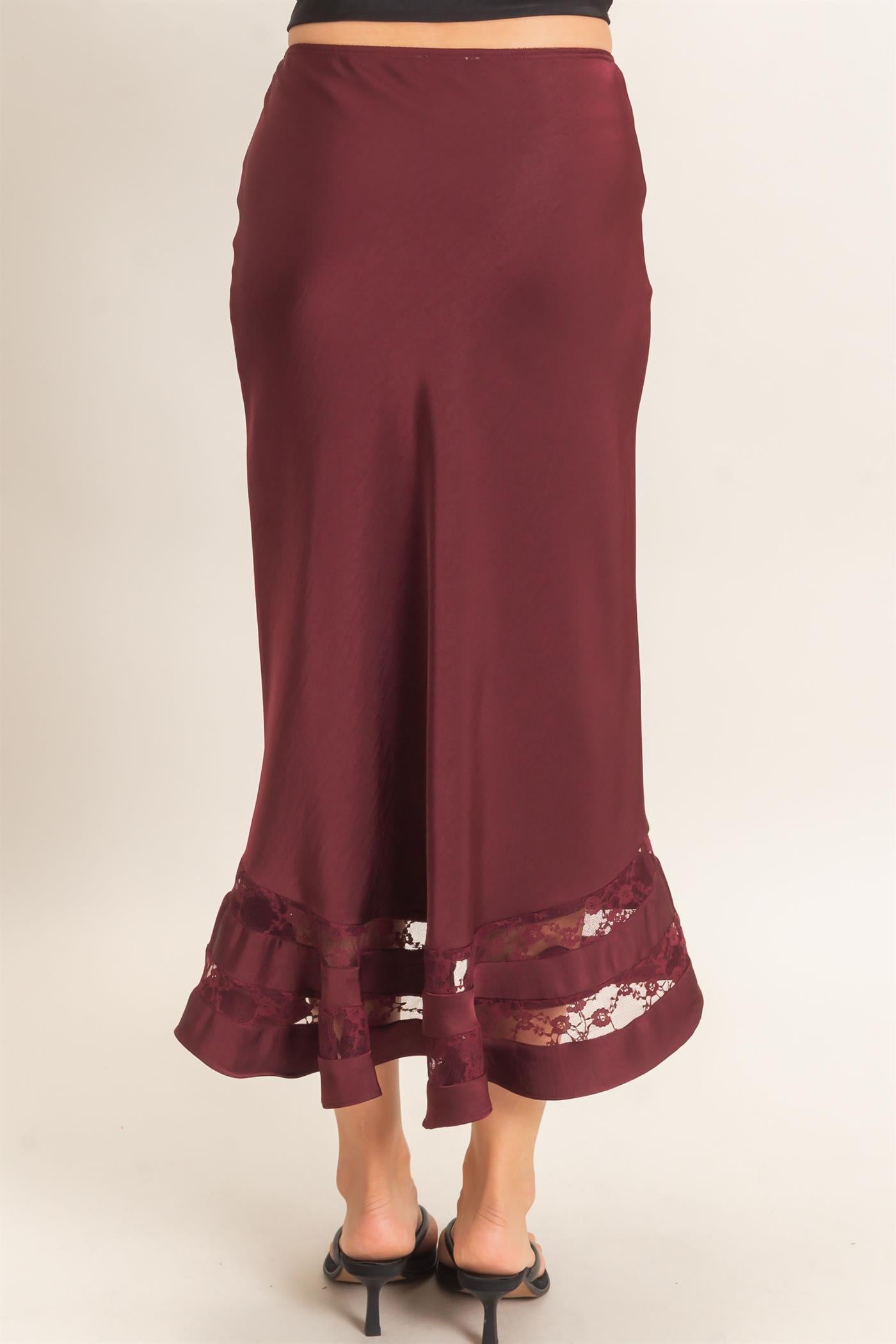 Wholesale Bias Cut Satin Skirt With Lace Hem Skirts HF26E306 BURGUNDY HYFVE