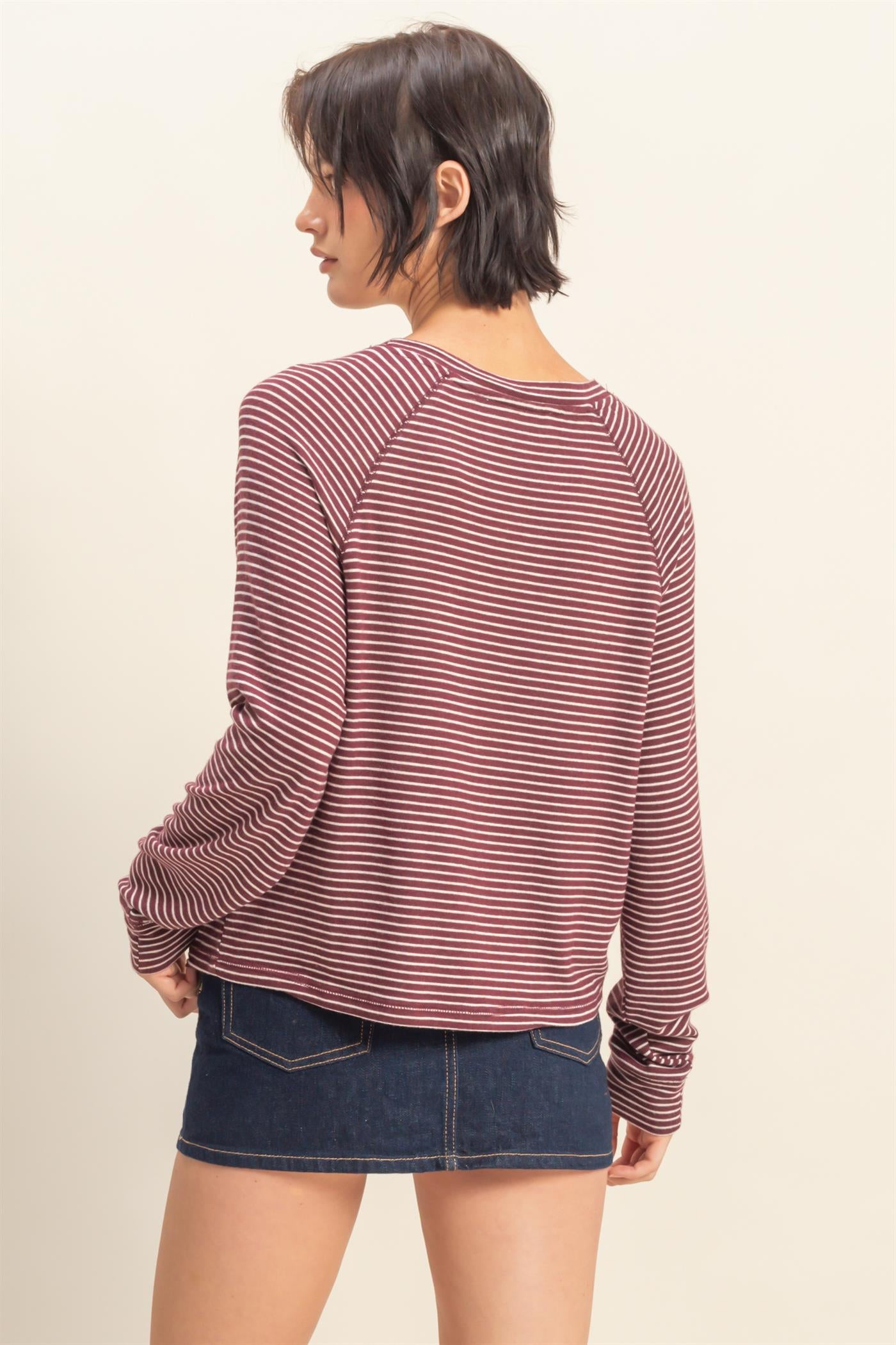 Wholesale Striped Raglan Long Sleeve Top Clothing Tops DZ25E600 DARK CHERRY/CREAM DOUBLE ZERO