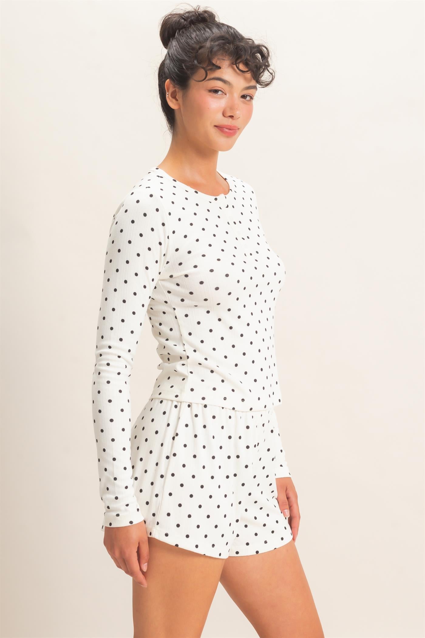 Wholesale Polka Dot Henley Long Sleeve Top & Shorts Set Clothing DZ27A154-SET CREAM DOUBLE ZERO