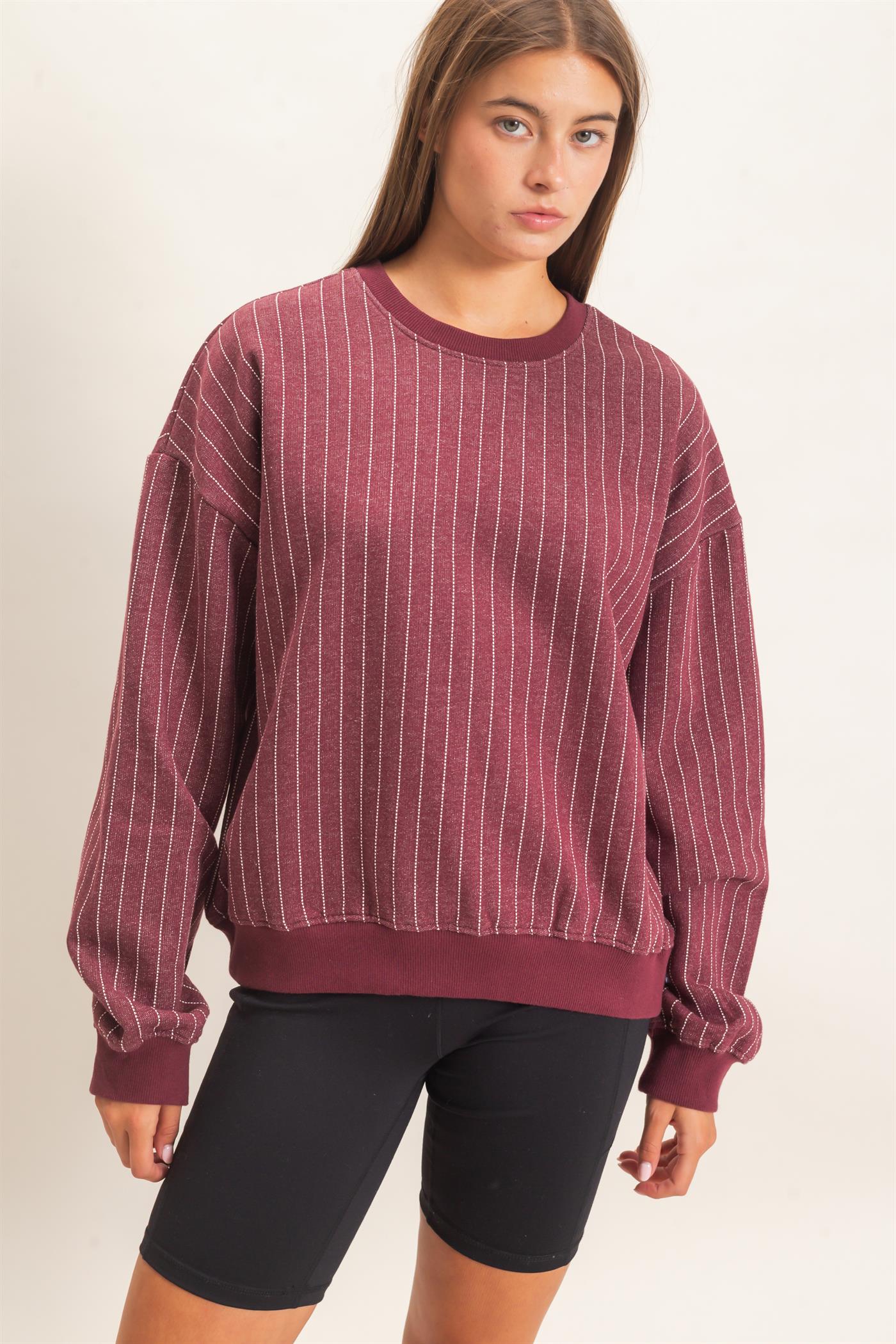 Wholesale Pinstripe Crew Neck Sweatshirt Sweatshirts DZ26E627 DARK CHERRY DOUBLE ZERO