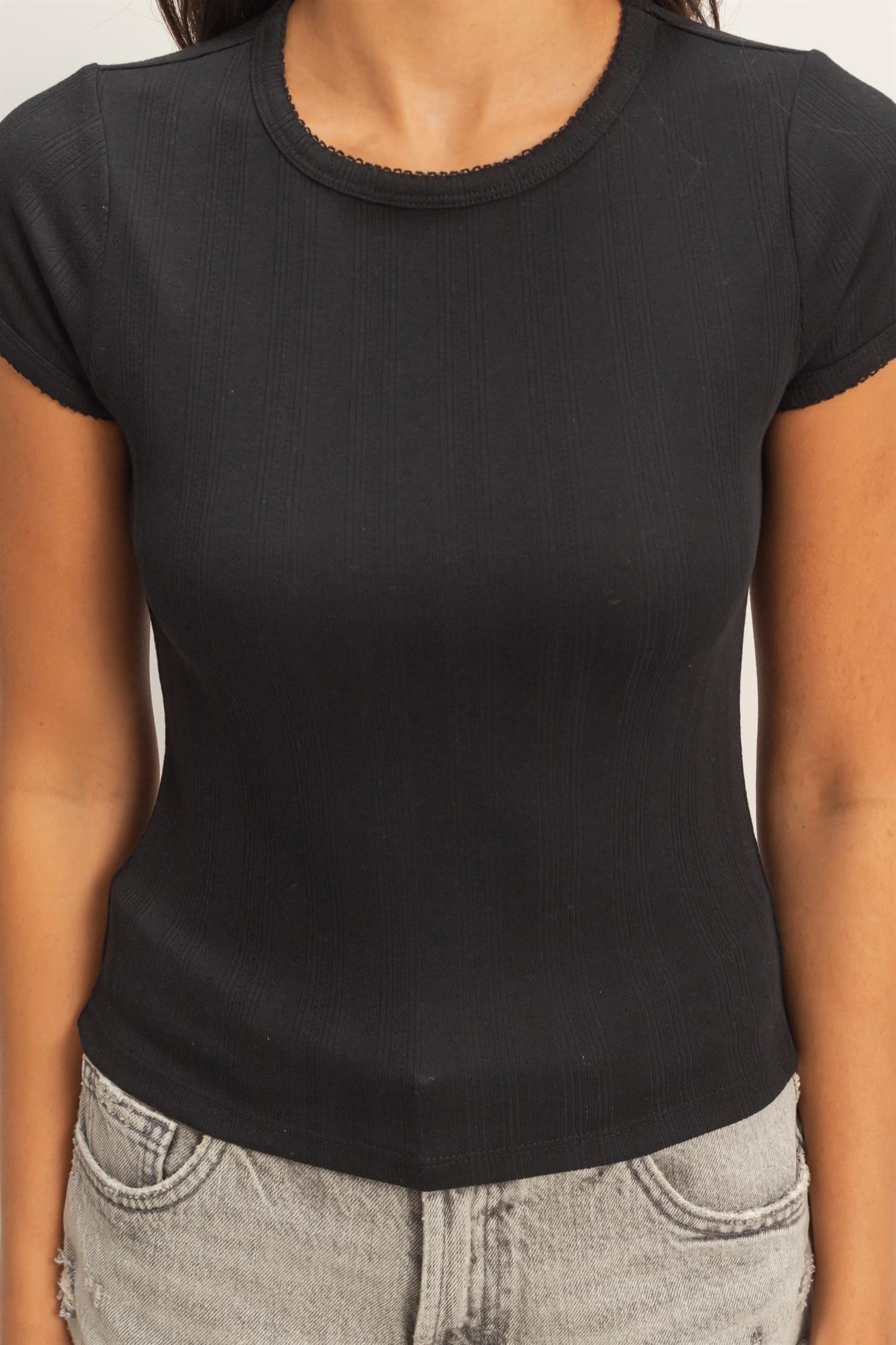 Wholesale Pointelle Short Sleeve Top Clothing Tops DZ26C285 BLACK DOUBLE ZERO