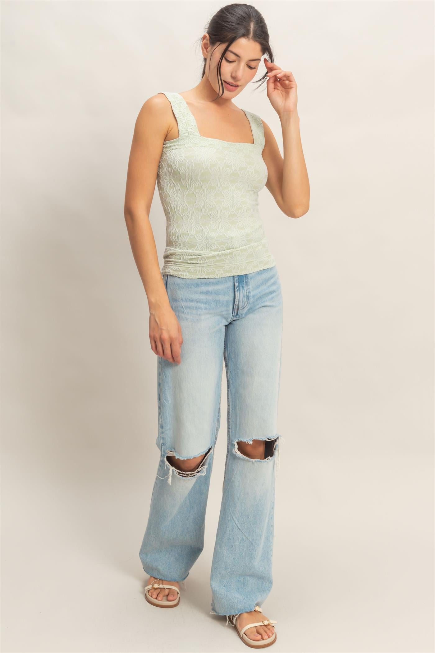 Wholesale Floral Jacquard Square Neck Top Tank Tops HF26E337 SAGE GEEEN HYFVE