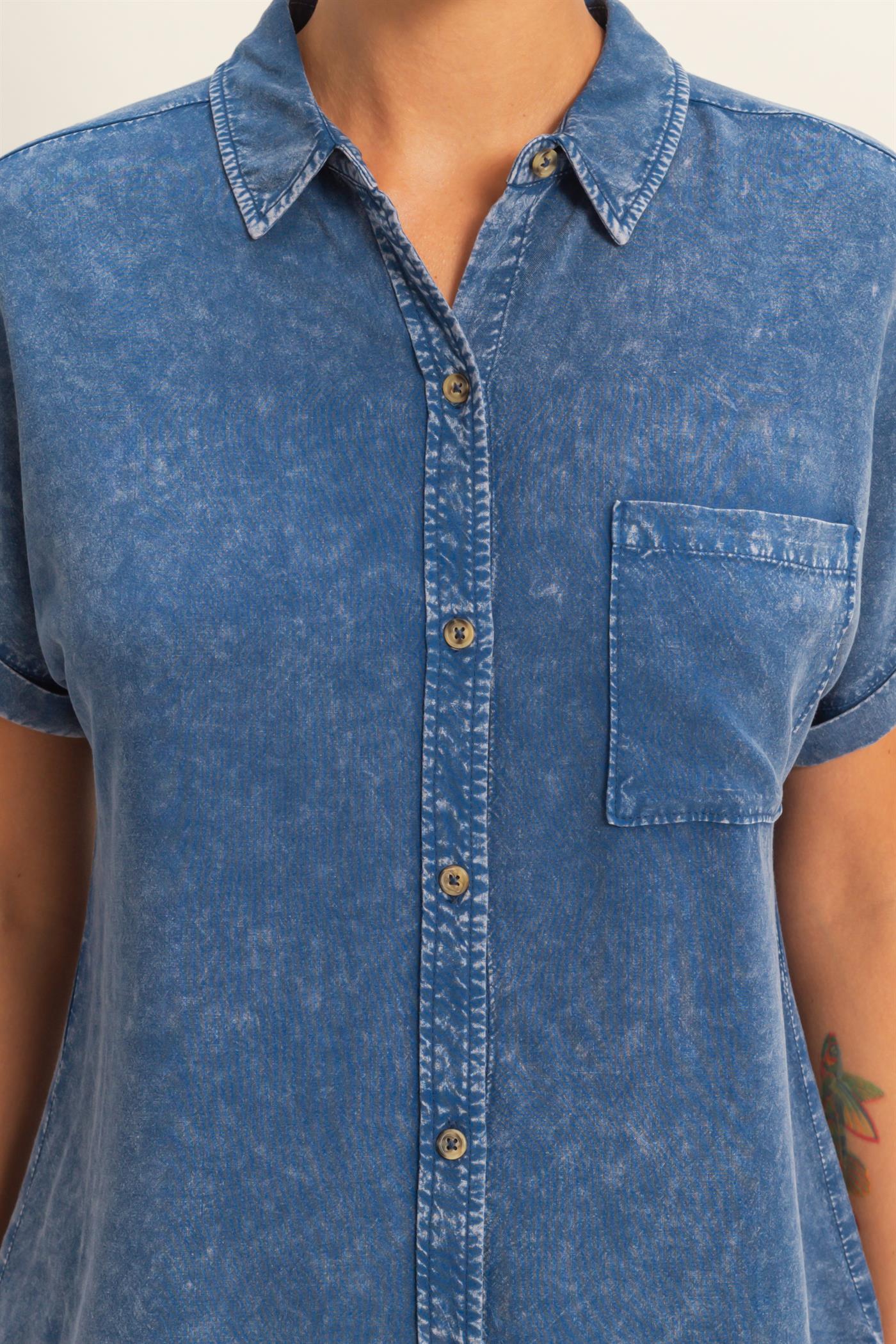 Wholesale Mineral Wash Button-Up Dolman Sleeve Shirt Shirts DZ26C132 NAVY DOUBLE ZERO